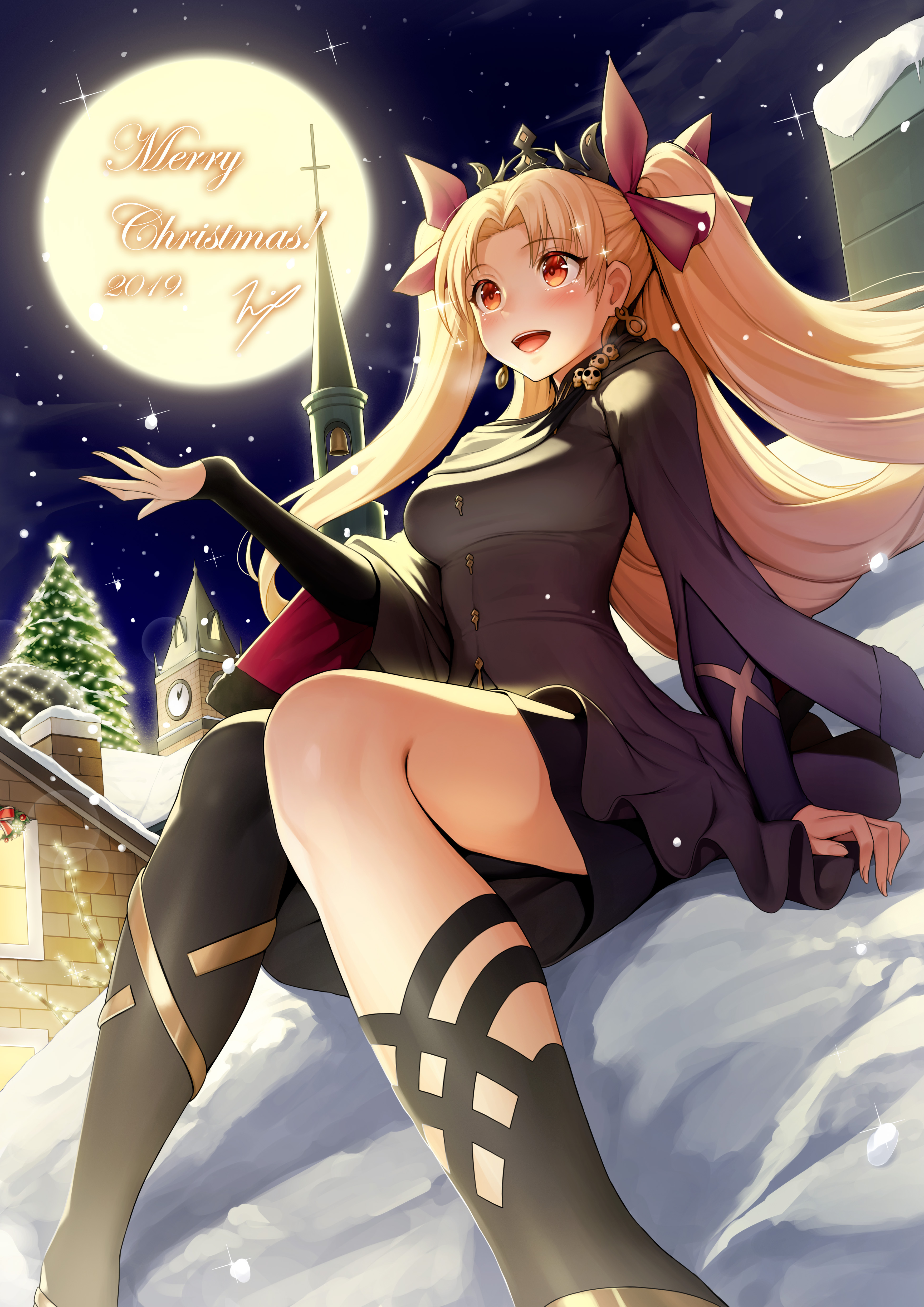 Anime 3507x4961 anime anime girls Fate series Fate/Grand Order Ereshkigal (Fate/Grand Order) twintails long hair blonde artwork digital art fan art Christmas Moon snow Christmas tree