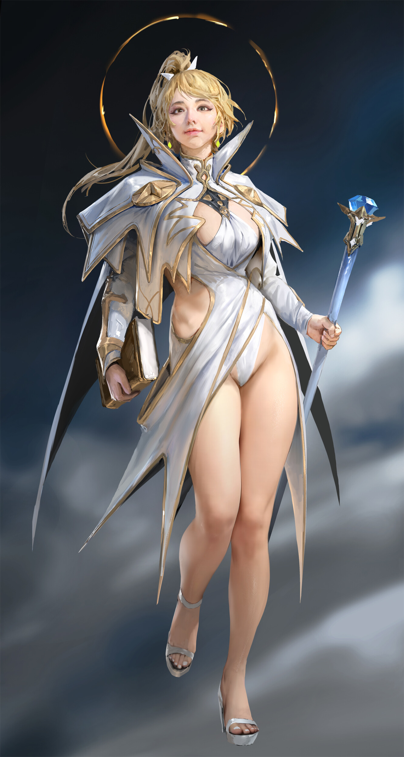 General 1331x2493 artwork fantasy art fantasy girl blonde long hair thighs legs staff Vergil Hoo