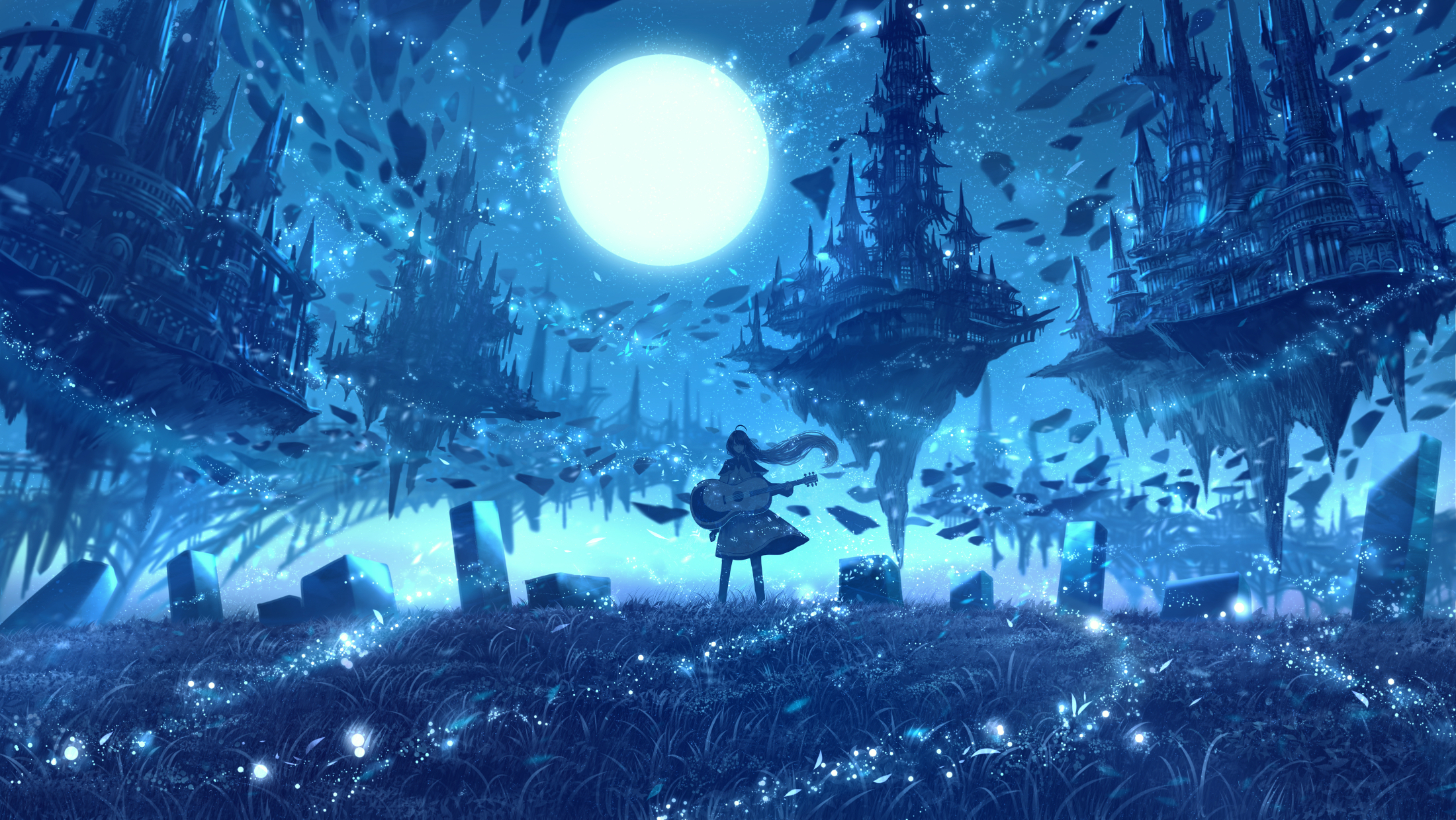 Anime 2200x1238 floating castle anime girls guitar night Moon musical instrument grass floating