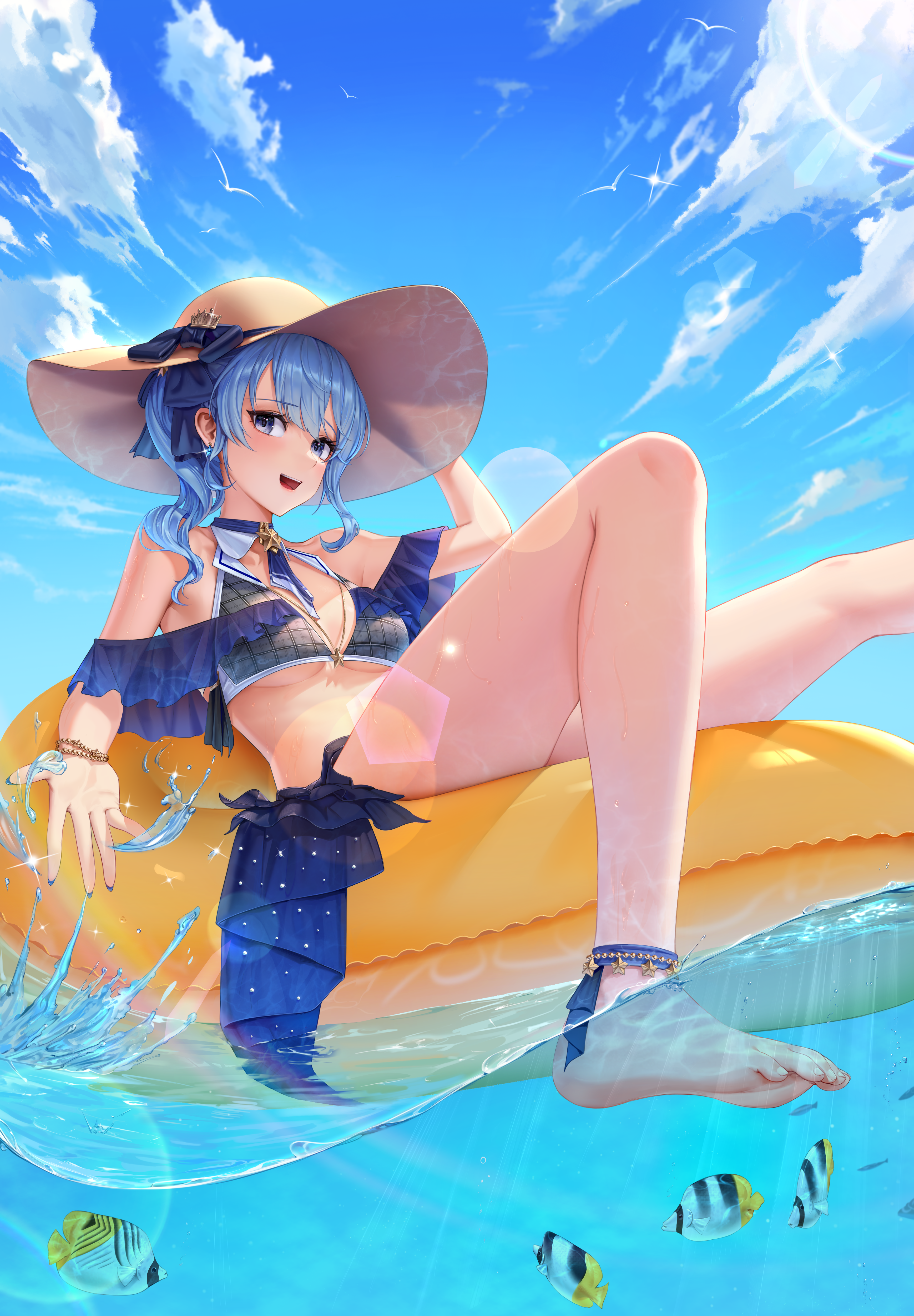 Anime 3475x5000 CryTurtle anime anime girls swimwear hat water floater clouds bikini fish blue hair Hoshimachi Suisei Hololive