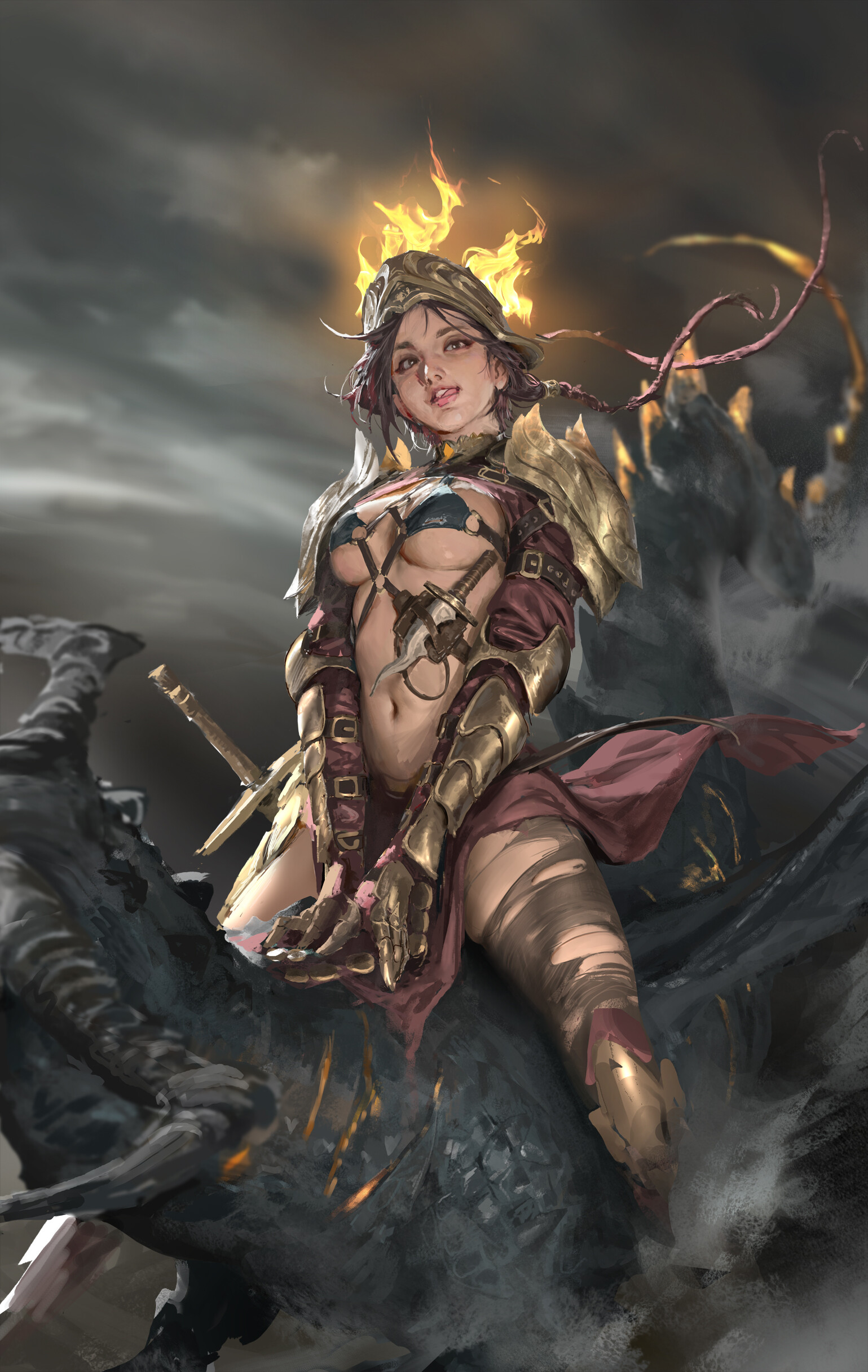 General 1539x2432 Vergil Hoo fantasy art fantasy girl boobs women belly tongues tongue out sitting dragon horns dagger girls with guns women with swords