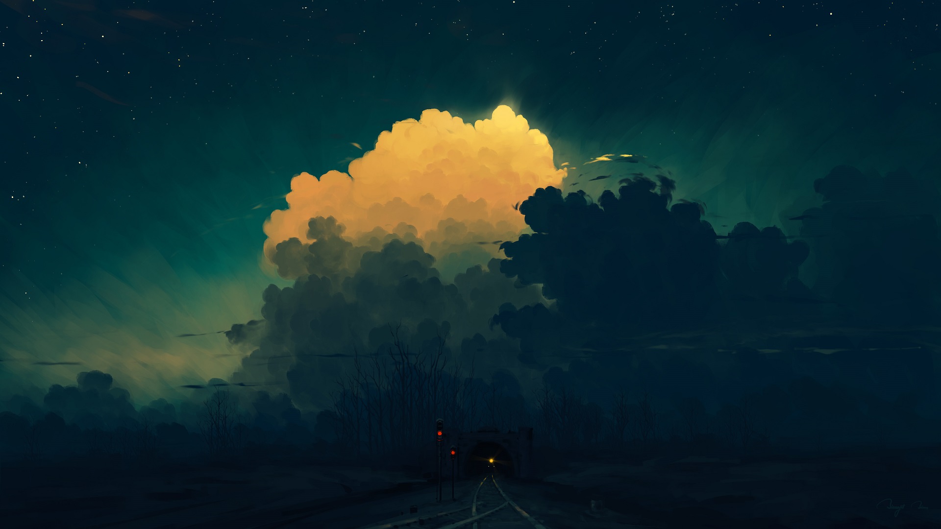 General 1920x1080 digital painting midnight train tunnel sky clouds BisBiswas