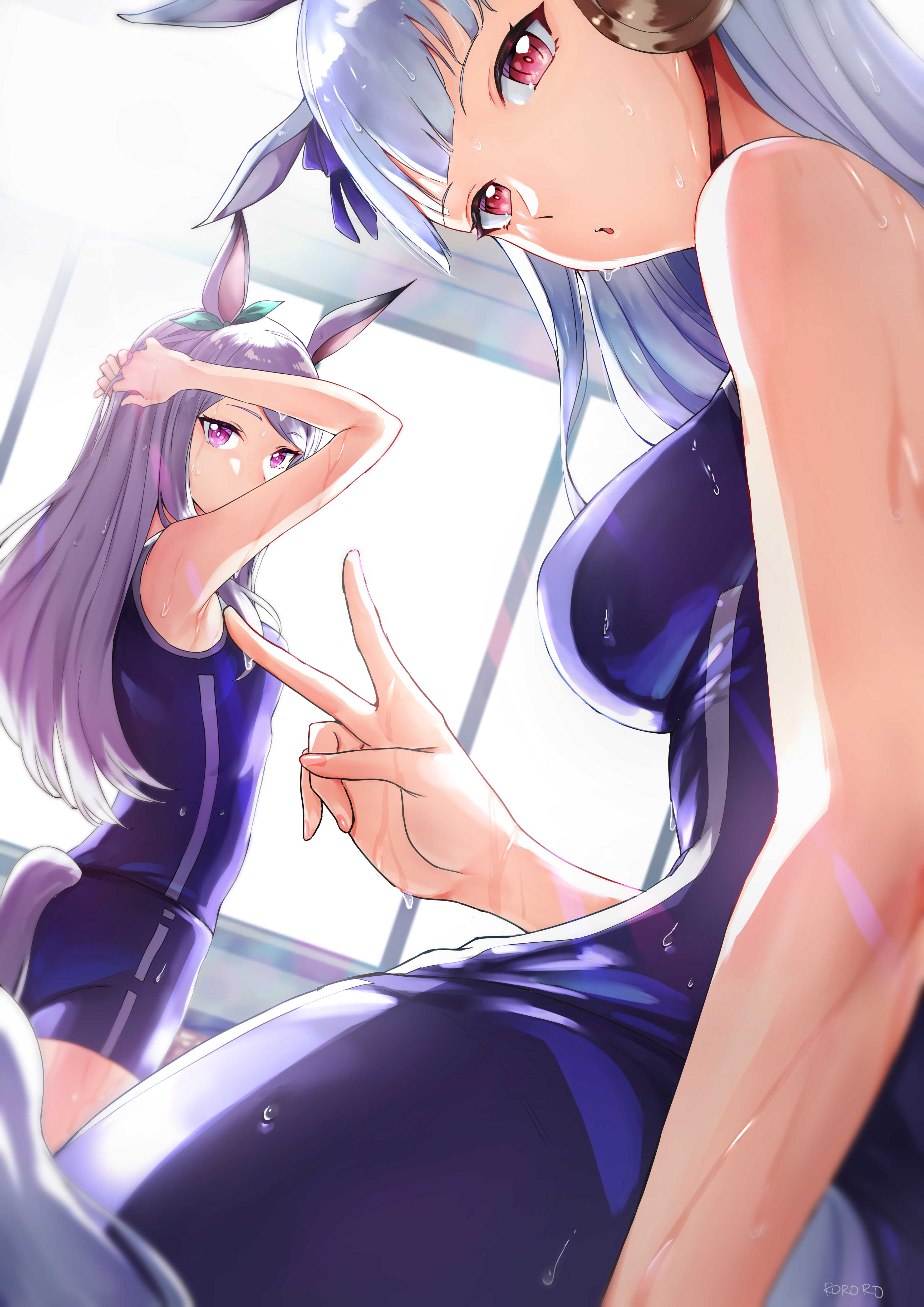 Anime 3508x4961 Uma Musume Pretty Derby sideboob big boobs small boobs anime girls competition swimsuit wet body open mouth ear muffs armpits hair ribbon long hair thighs ass school swimsuits tail ecchi looking at viewer Gold Ship (Uma Musume) Mejiro McQueen (Uma Musume) purple hair silver hair animal ears anime 2D peace sign rear view red eyes purple eyes portrait display bangs horse girls bare shoulders fan art alternate costume erotic art  artwork