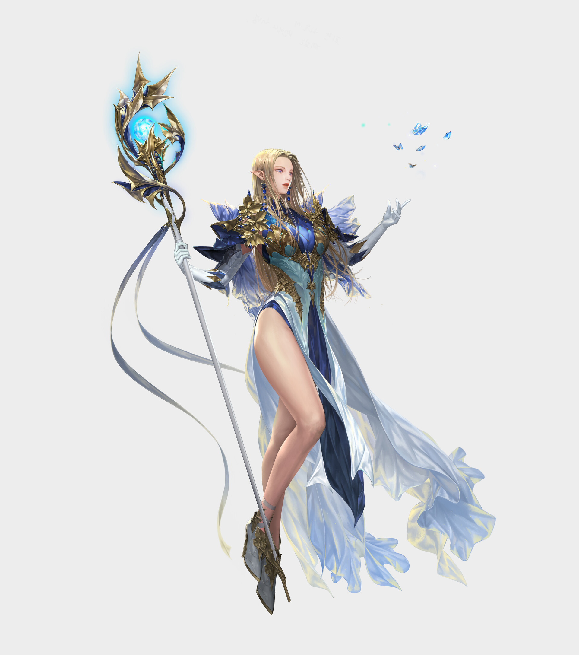 General 1920x2171 Daeho Cha drawing women blonde long hair dress fantasy art weapon staff floating simple background white background