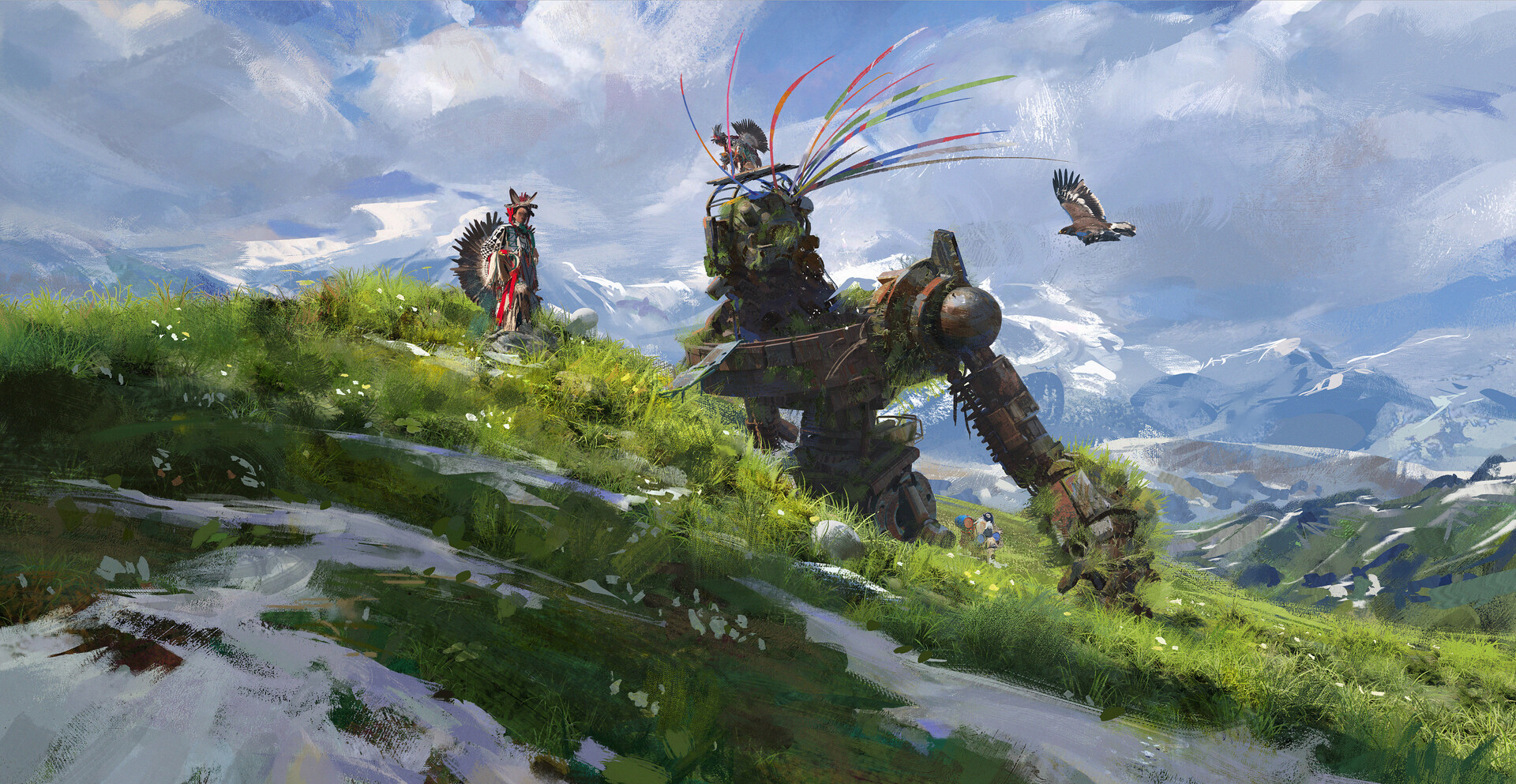 General 1920x993 Liang Mark digital art fantasy art bird of prey ancient robot clouds hawks hunter mountains