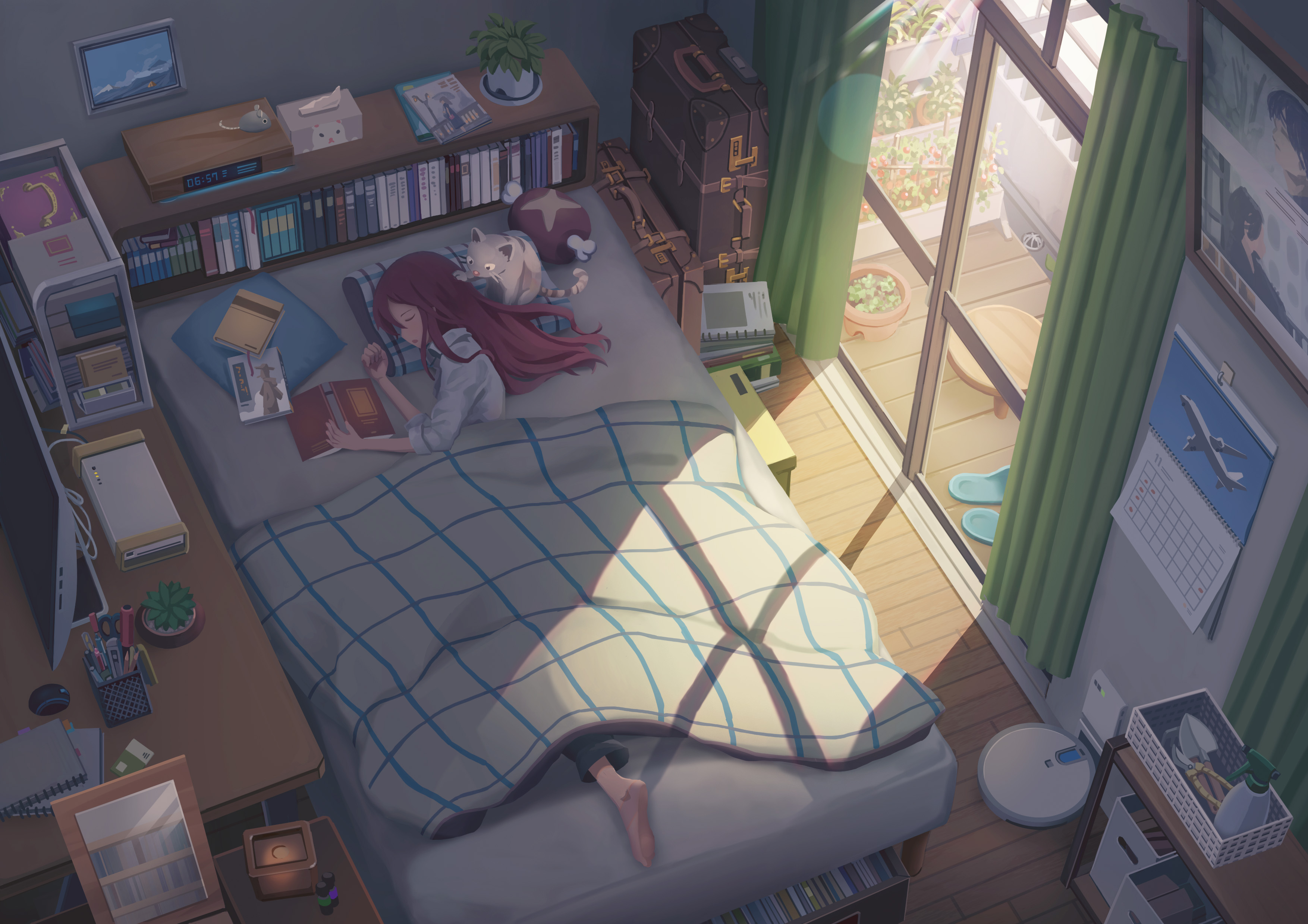 Anime 3508x2480 anime girls women cats room interior in bed digital art mirror calendar mouse toy tissues plants underbed storage picture frames Gatos anime animals mammals