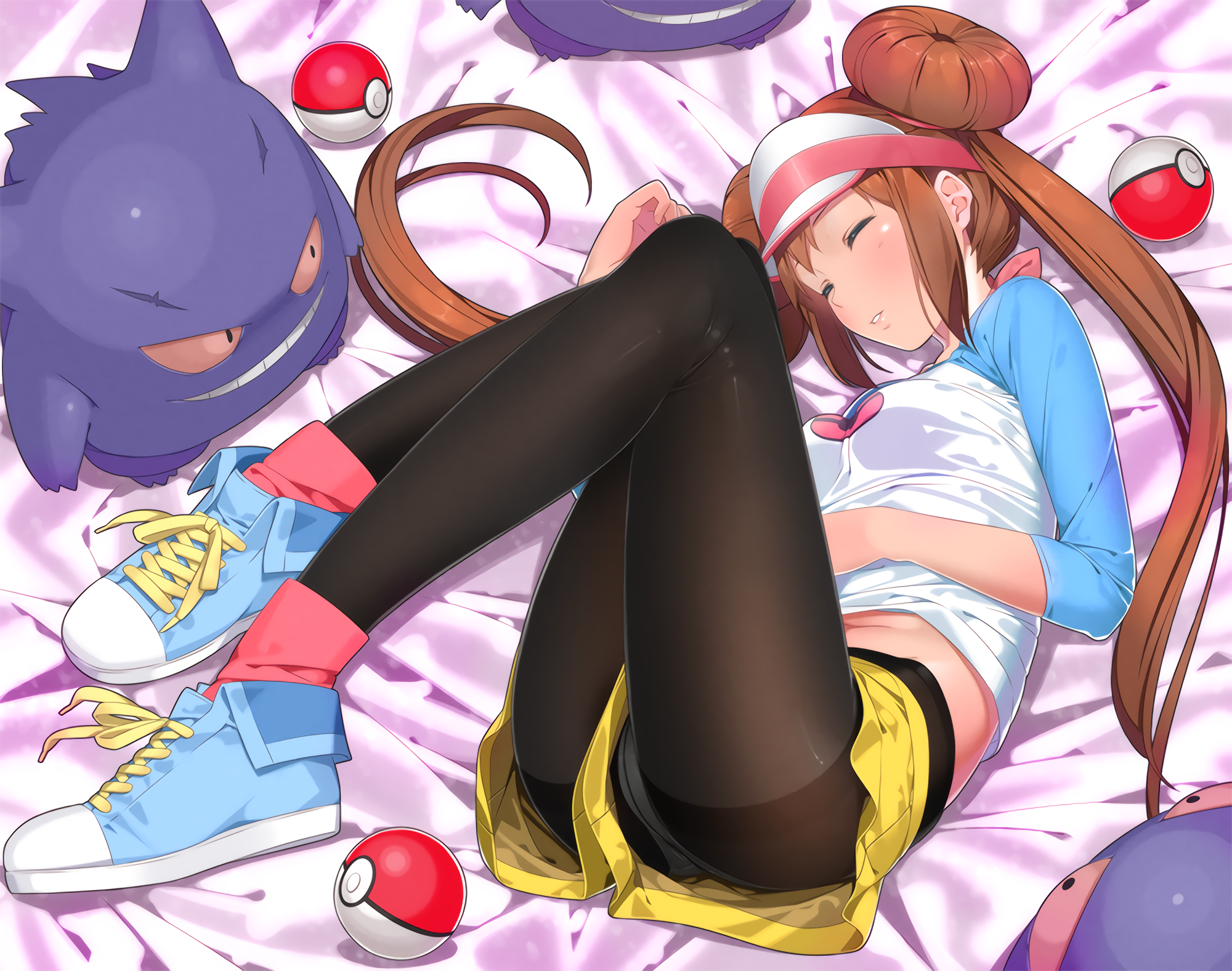 Anime 2000x1576 Gengar Ama Mitsuki Poke Ball sleeping panties pantyhose short shorts brunette twintails Rosa (Pokémon) Pokémon anime girls