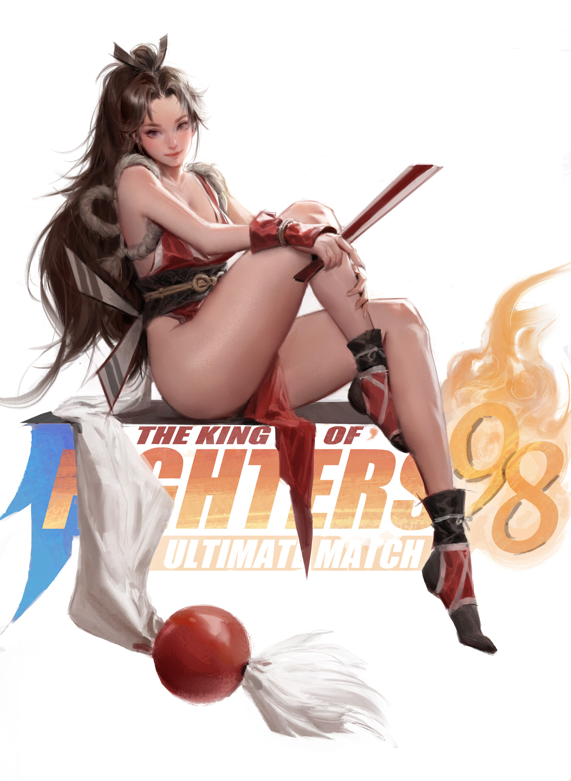 General 1920x2625 video games THE KING OF FIGHTERS '98 video game art video game girls ArtStation video game warriors brunette simple background white background looking at viewer long hair Asian women Yawei Cao Mai Shiranui thighs wide hips
