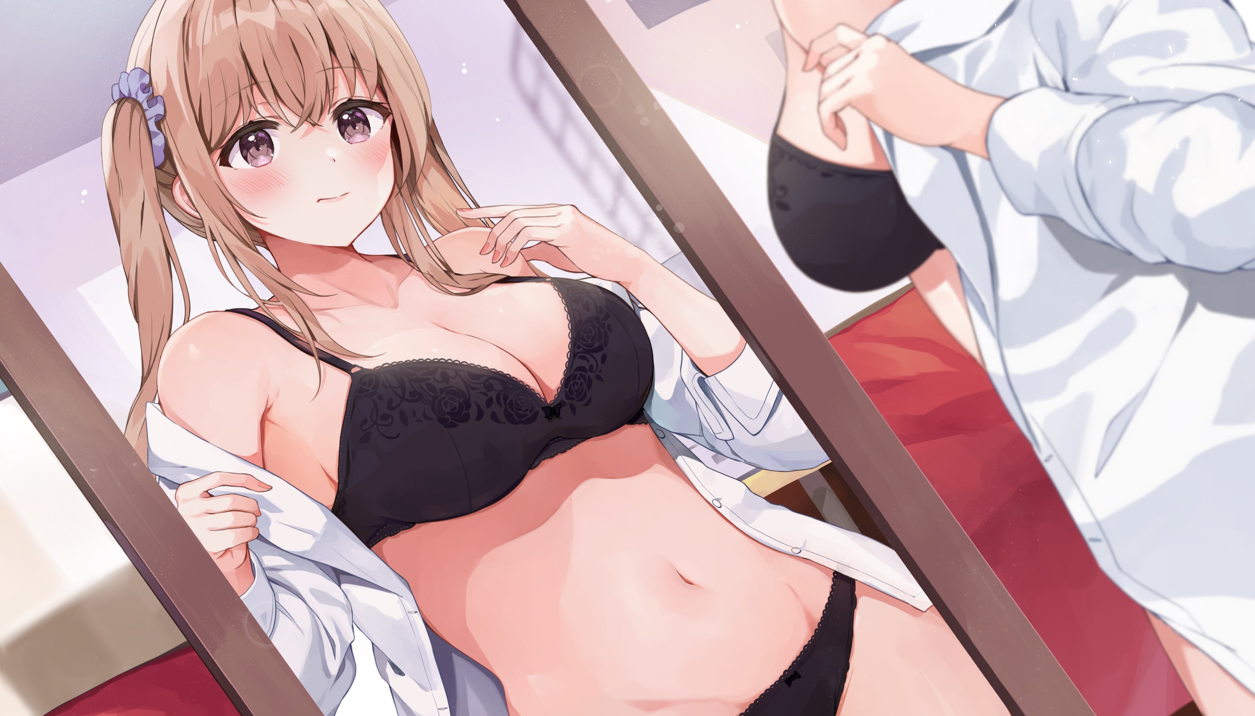 Anime 4096x2338 Racchi anime anime girls underwear bra panties belly brunette blush open shirt cleavage