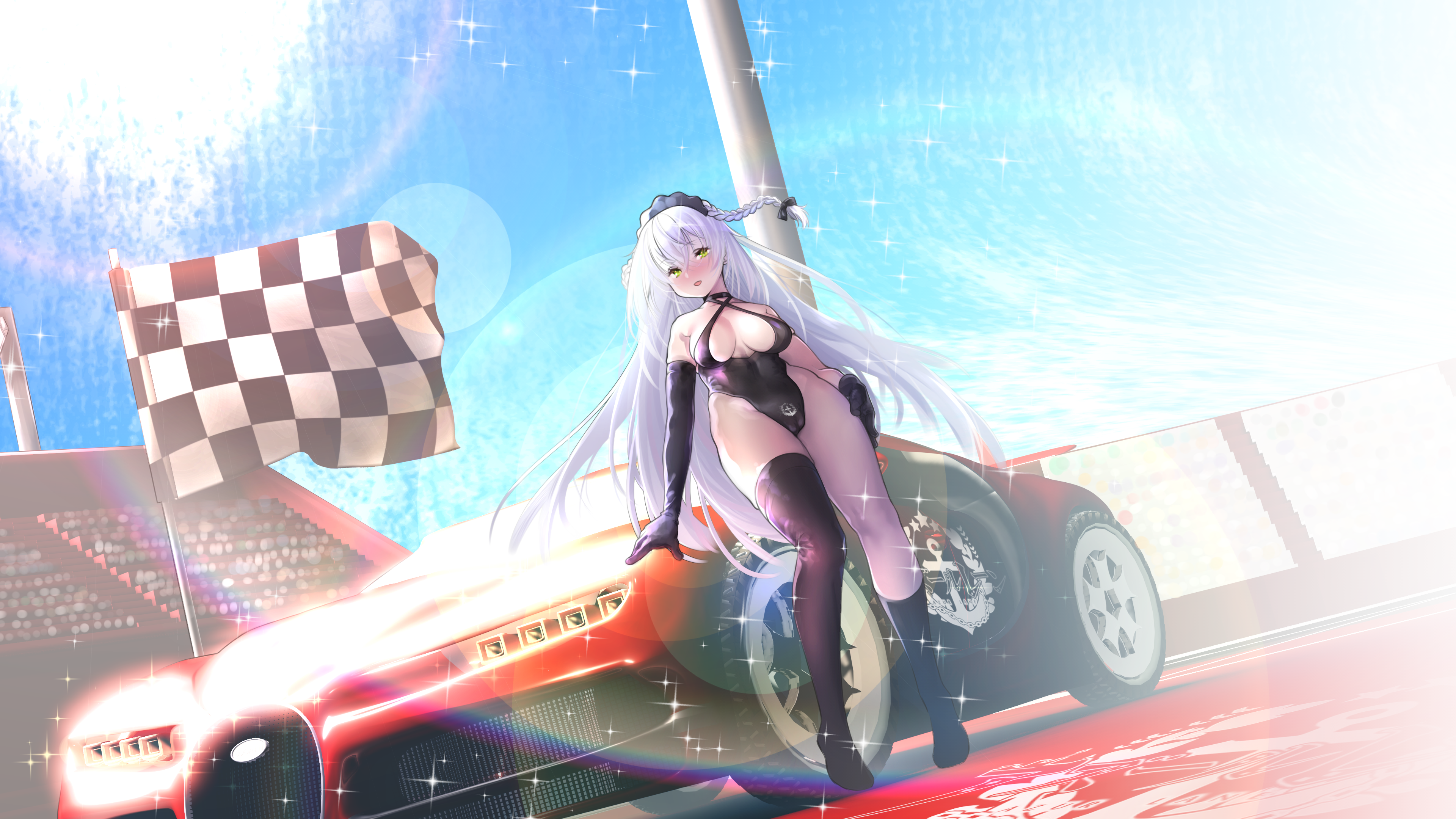 Anime 3840x2160 Race Queen Outfit thighs cameltoe wide breasts race flag anime girls race cars Azur Lane Bugatti Chiron
