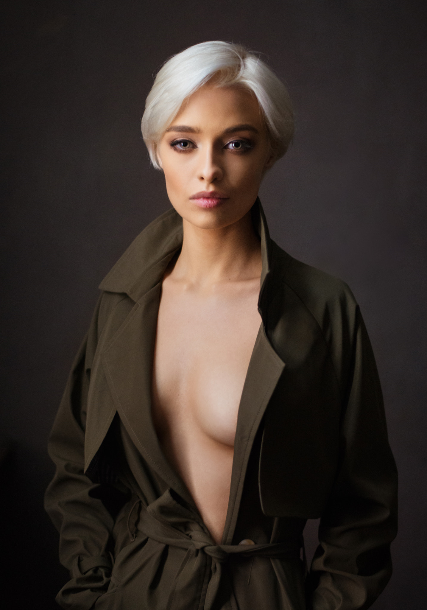 People 1434x2048 Maxim Maximov women Anastasia Khamraeva short hair coats white hair simple background portrait display