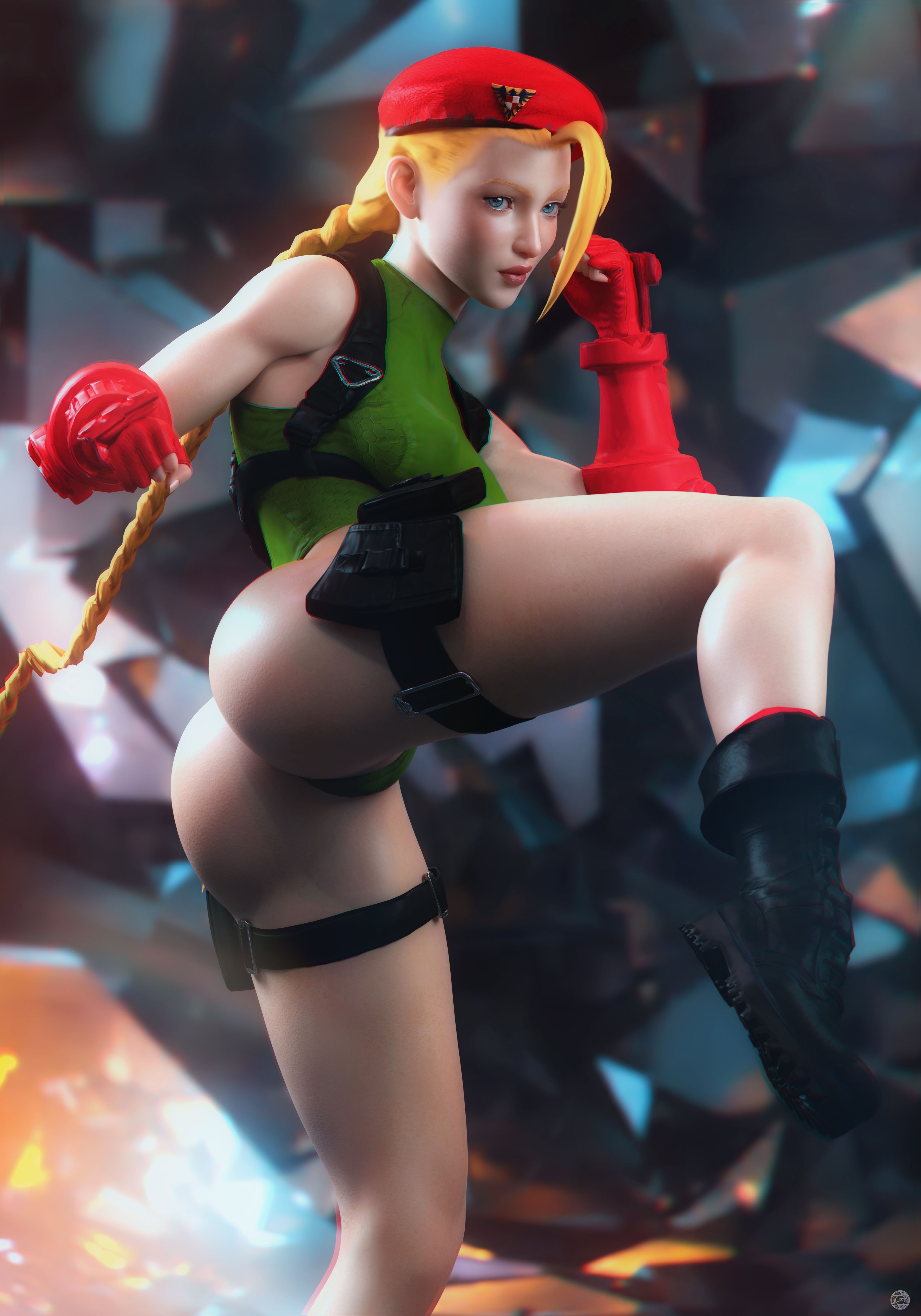 General 4000x5714 Cammy White Street Fighter video games video game girls blonde video game characters berets ponytail leotard bodysuit thighs ass kick boots thigh strap portrait display artwork CGI digital art fan art Noahgraphicz Fighting Games blue eyes