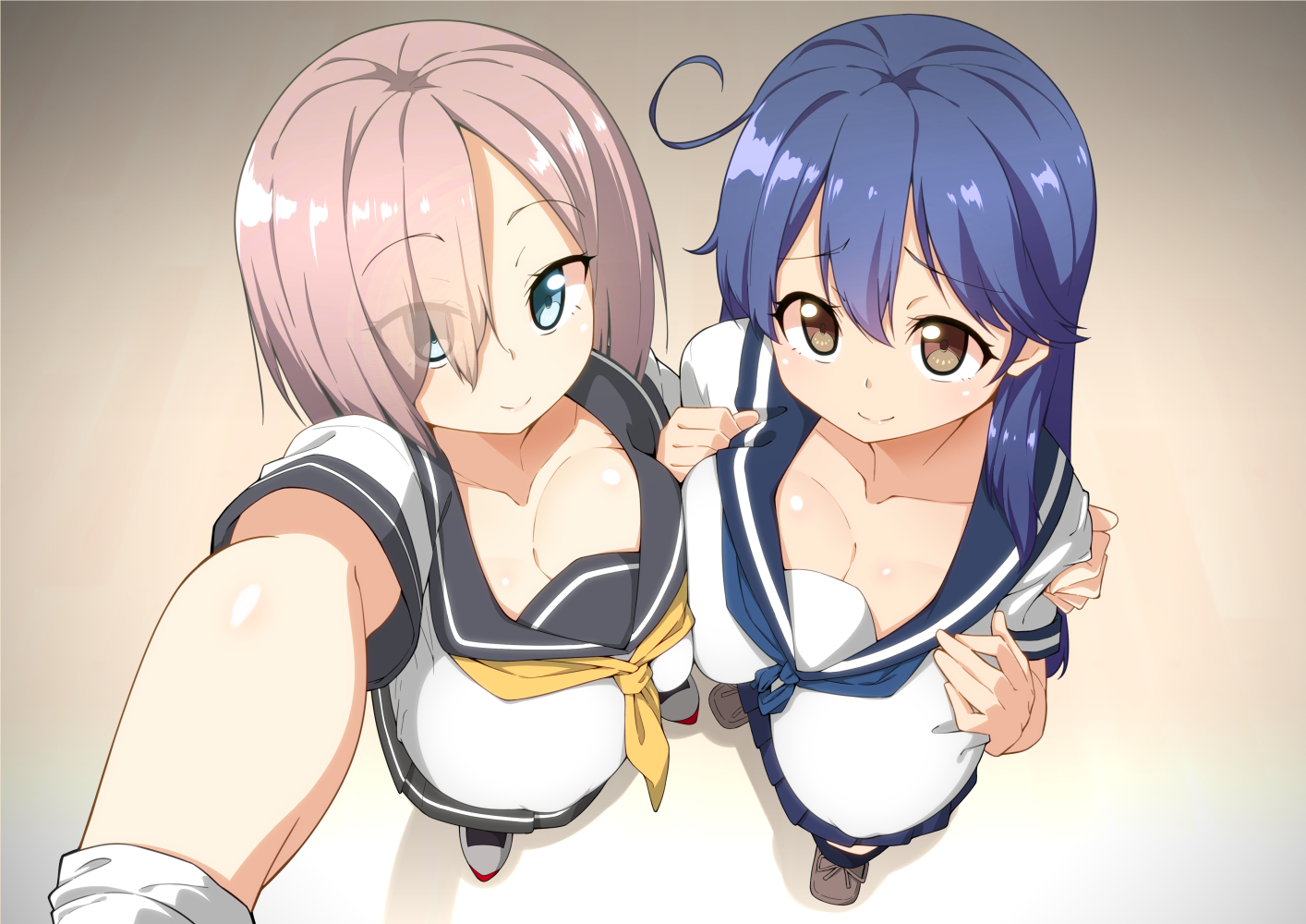Anime 1414x1000 big boobs Kantai Collection cleavage anime girls selfies sailor uniform