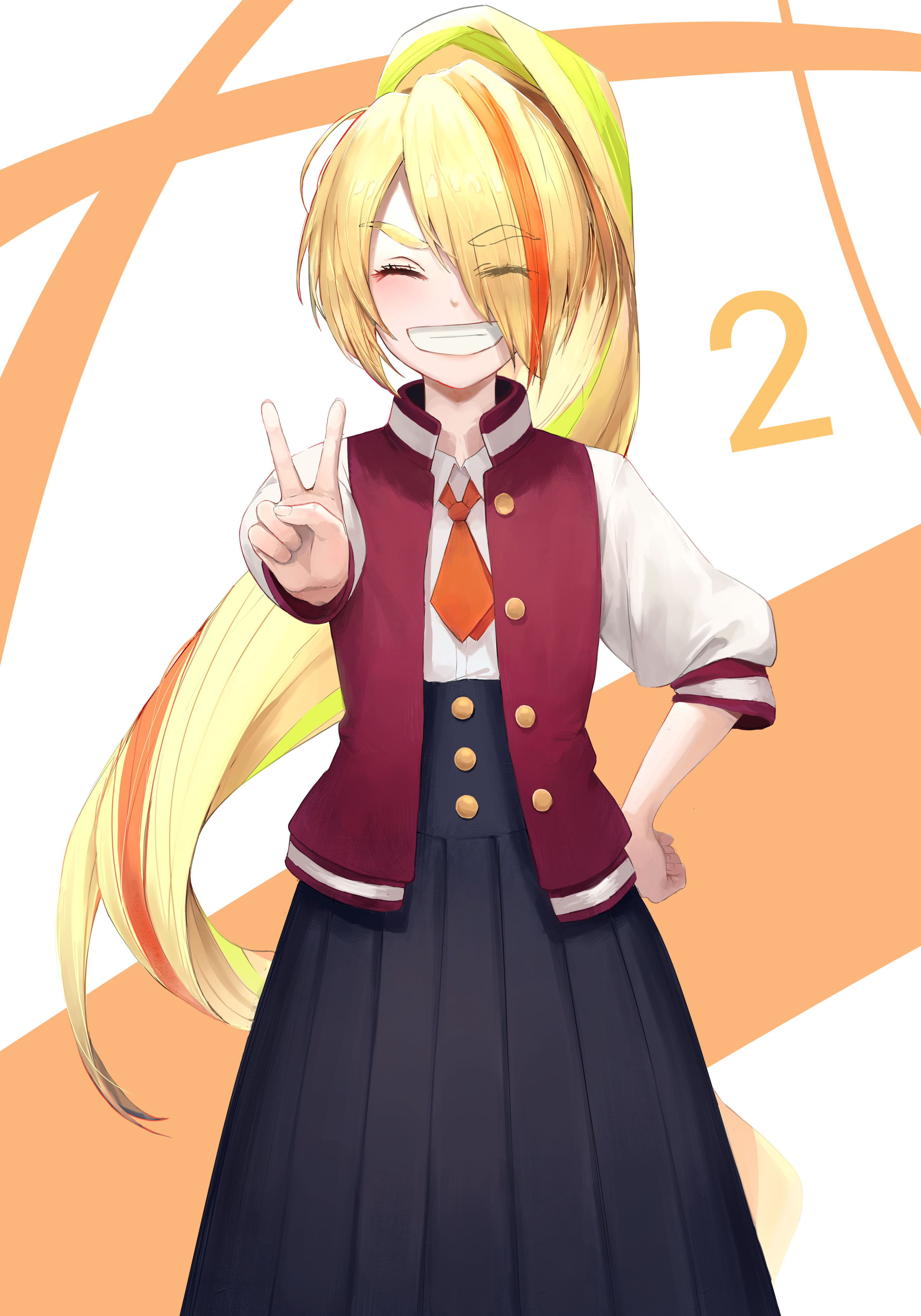 Anime 2908x4156 Zombieland Saga standing school uniform long hair long skirt smiling small boobs anime girls looking at viewer ponytail multi-colored hair zombies Zombie 2 / Saki Nikaidou solo 2D anime fan art hair in face numbers blushing closed eyes artwork portrait display blonde