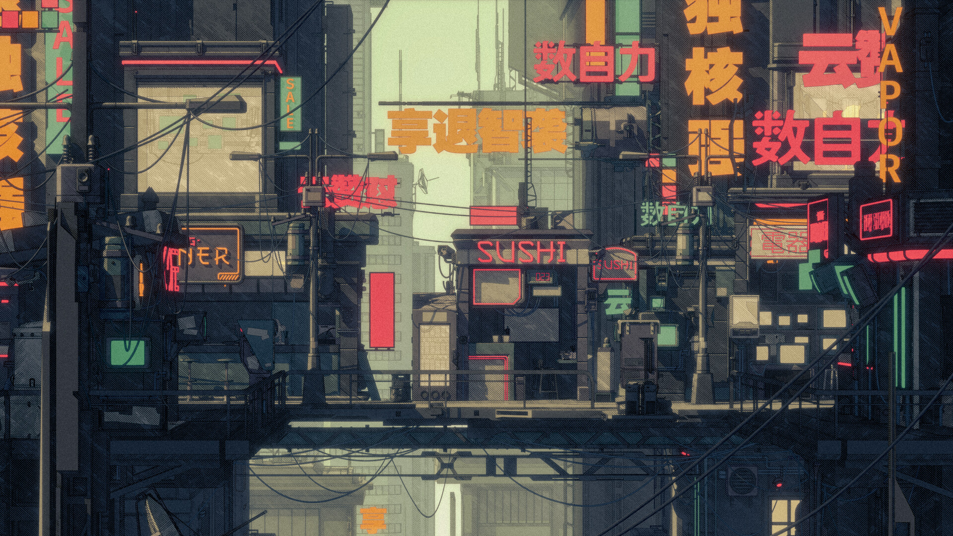 General 1920x1080 cyberpunk city lights illustration digital art urban building anime futuristic science fiction advertisements Japan