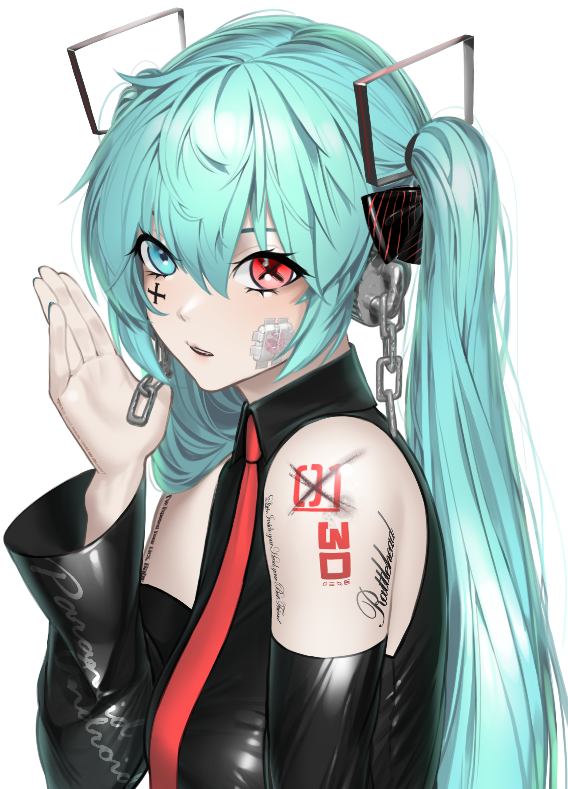 Anime 1847x2563 Hatsune Miku Vocaloid detached sleeves twintails cyan hair heterochromia sideboob small boobs symbol-shaped pupils inked girls necktie anime girls 2D portrait display black shirt sleeveless anime long hair parted lips simple background chains aqua eyes red eyes fan art artwork bangs pale looking at viewer Norunollu