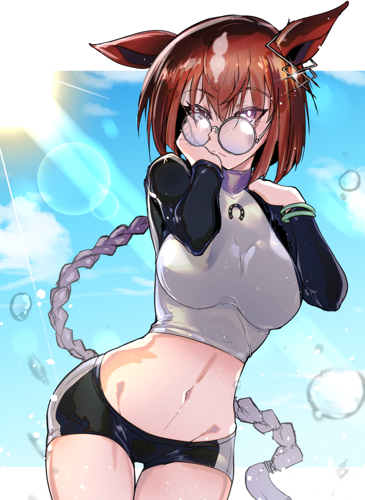 Anime 1254x1718 Uma Musume Pretty Derby braids belly thighs short shorts meganekko gradient hair sunlight wet body water drops bangs looking at viewer brunette short hair ecchi big boobs anime girls Ikuno Dictus (Uma Musume) curvy 2D french braids long hair crop top black swimsuit diving suits portrait display clouds fan art horse girls animal ears anime alternate costume artwork arms up blushing purple eyes belly button women with glasses hair ornament