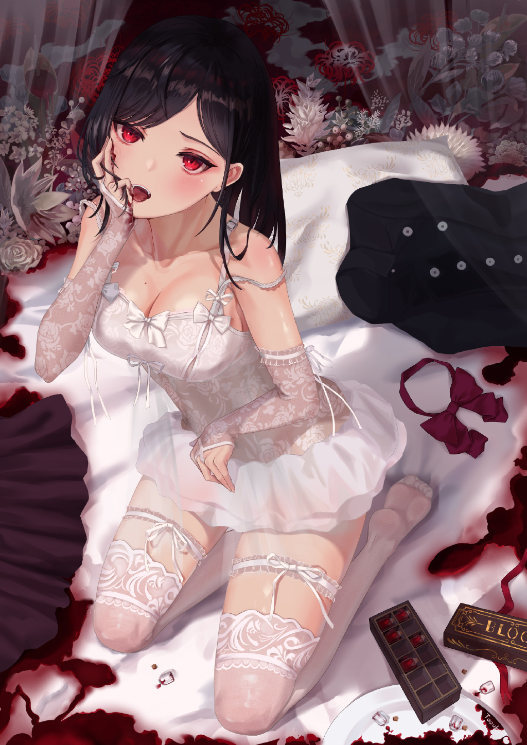 Anime 1024x1448 lace stockings anime girls anime Tooku kneeling thigh-highs cleavage big boobs dress red eyes dark hair blood
