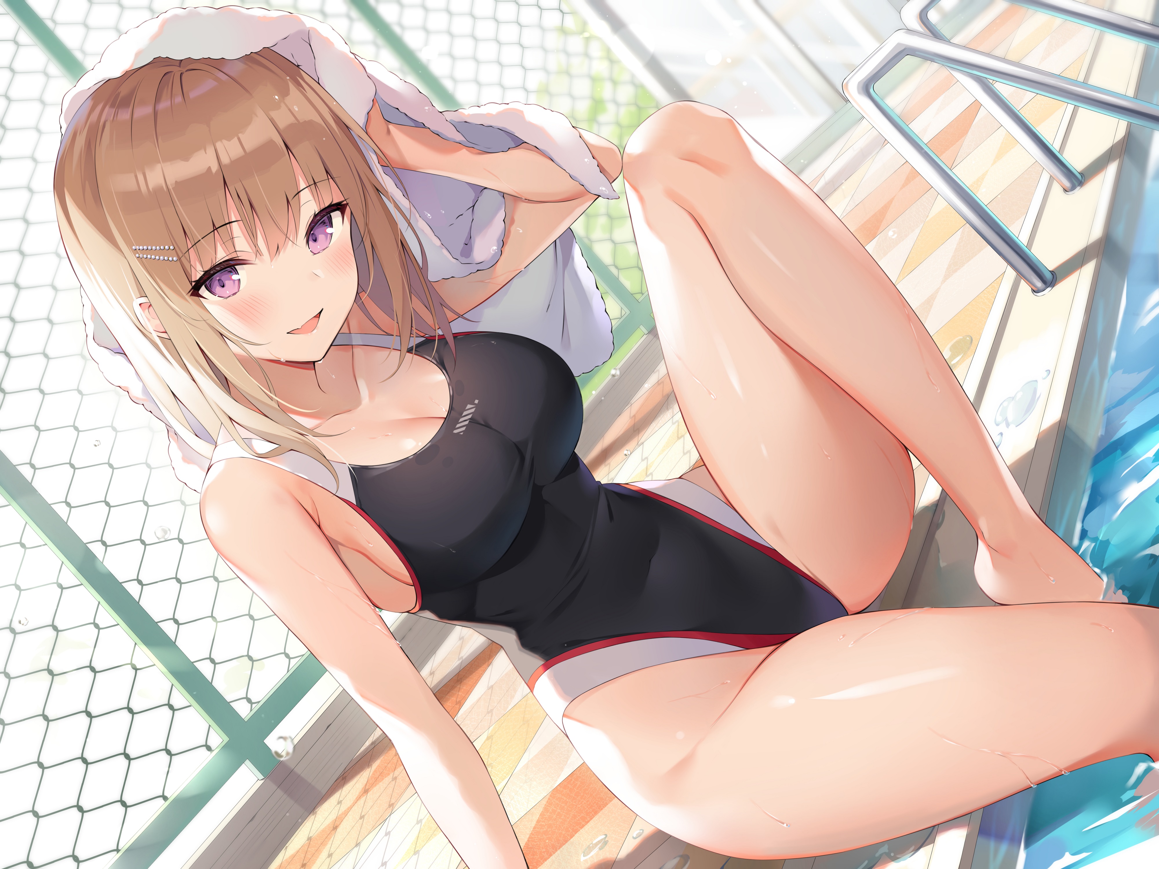 Anime 4000x3000 anime anime girls Ale Nqki brunette purple eyes smiling towel one-piece swimsuit swimming pool tight clothing boob pockets swimwear wet body thighs water drops shoulder length hair skinny big boobs sitting open mouth bright