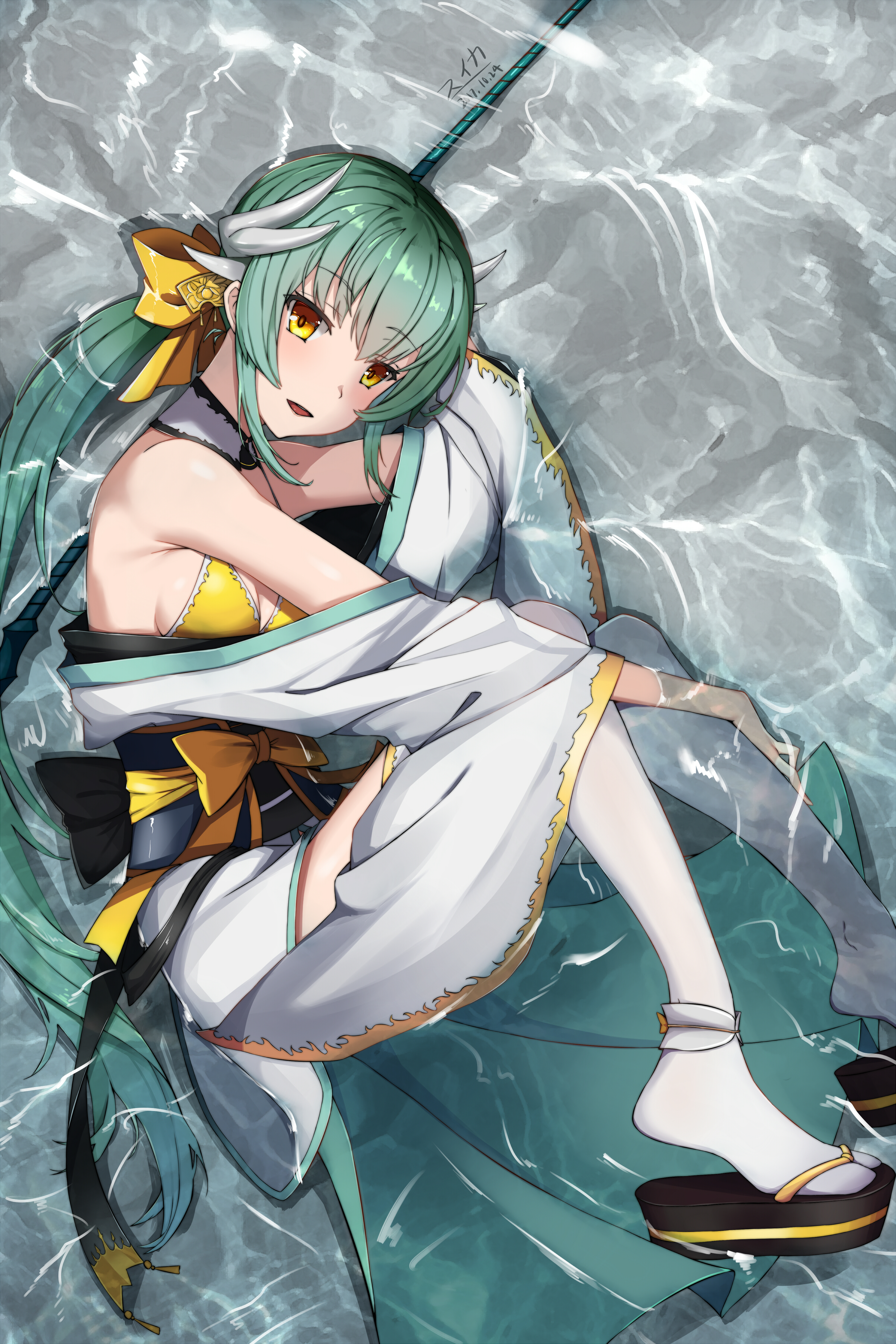 Anime 2400x3600 anime girls Fate series Fate/Grand Order Kiyohime (Fate/Grand Order) Japanese clothes open clothes bikini top water green hair yellow eyes