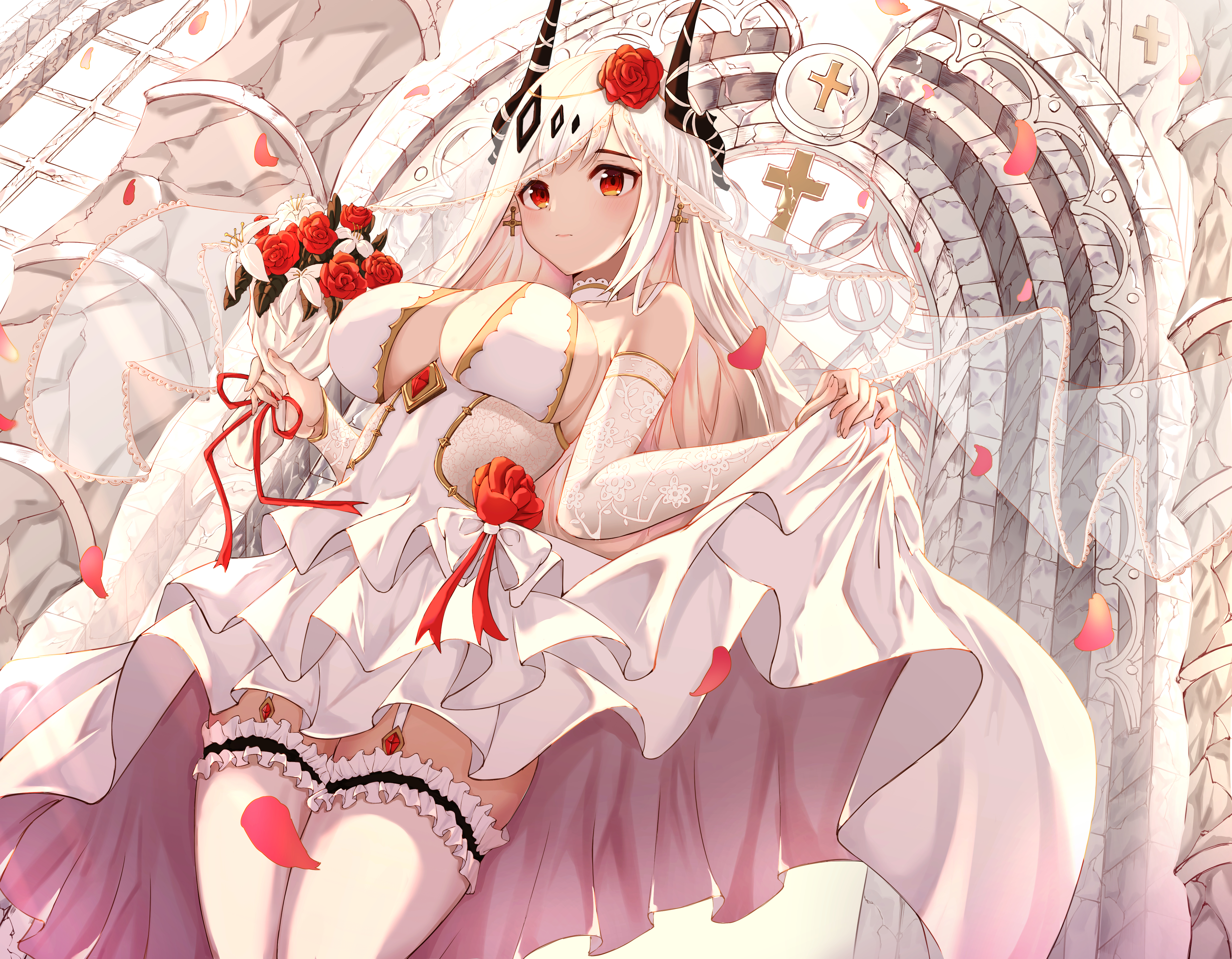 Anime 4736x3686 Arknights Mudrock (Arknights) white dress white hair brides red eyes white stockings lifting dress horns anime girls low-angle anime standing cleavage bare shoulders