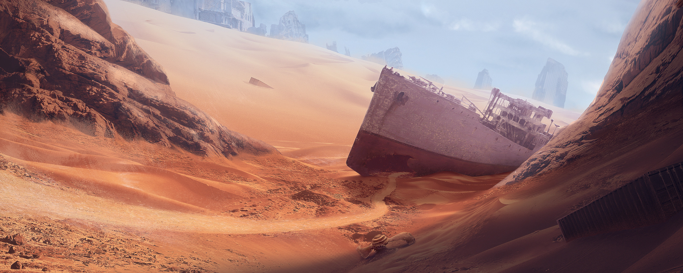 General 2800x1120 artwork ArtStation apocalyptic futuristic science fiction shipwreck ship vehicle desert