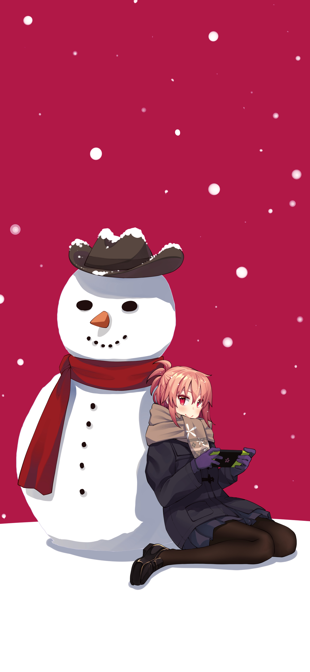 Anime 1284x2778 anime anime girls digital art artwork 2D portrait display red eyes snowflakes smiling snowman kneeling pantyhose coats Akino Sora