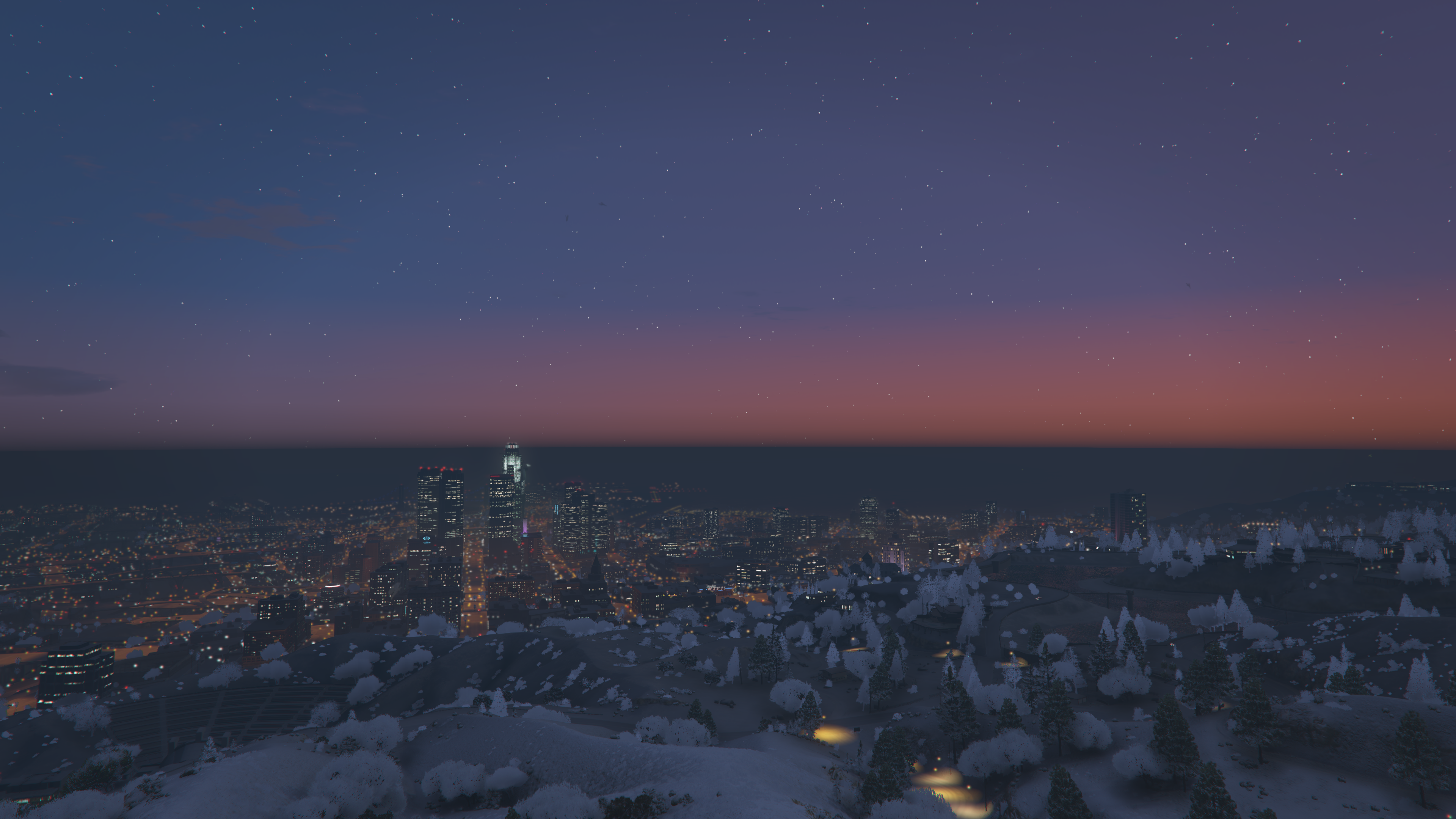 General 3840x2160 Grand Theft Auto V Los Angeles city sunset snow forest night sky
