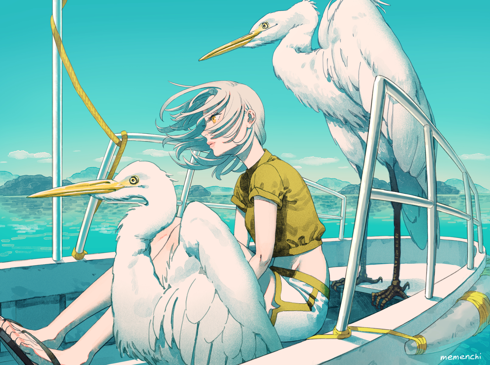 Anime 1611x1199 anime anime girls yellow eyes boat sea yellow shirt looking away Aburage original characters women outdoors ocean view long hair white hair 2D sandals crop top pink lipstick short shorts seagulls belly hair blowing in the wind cyan