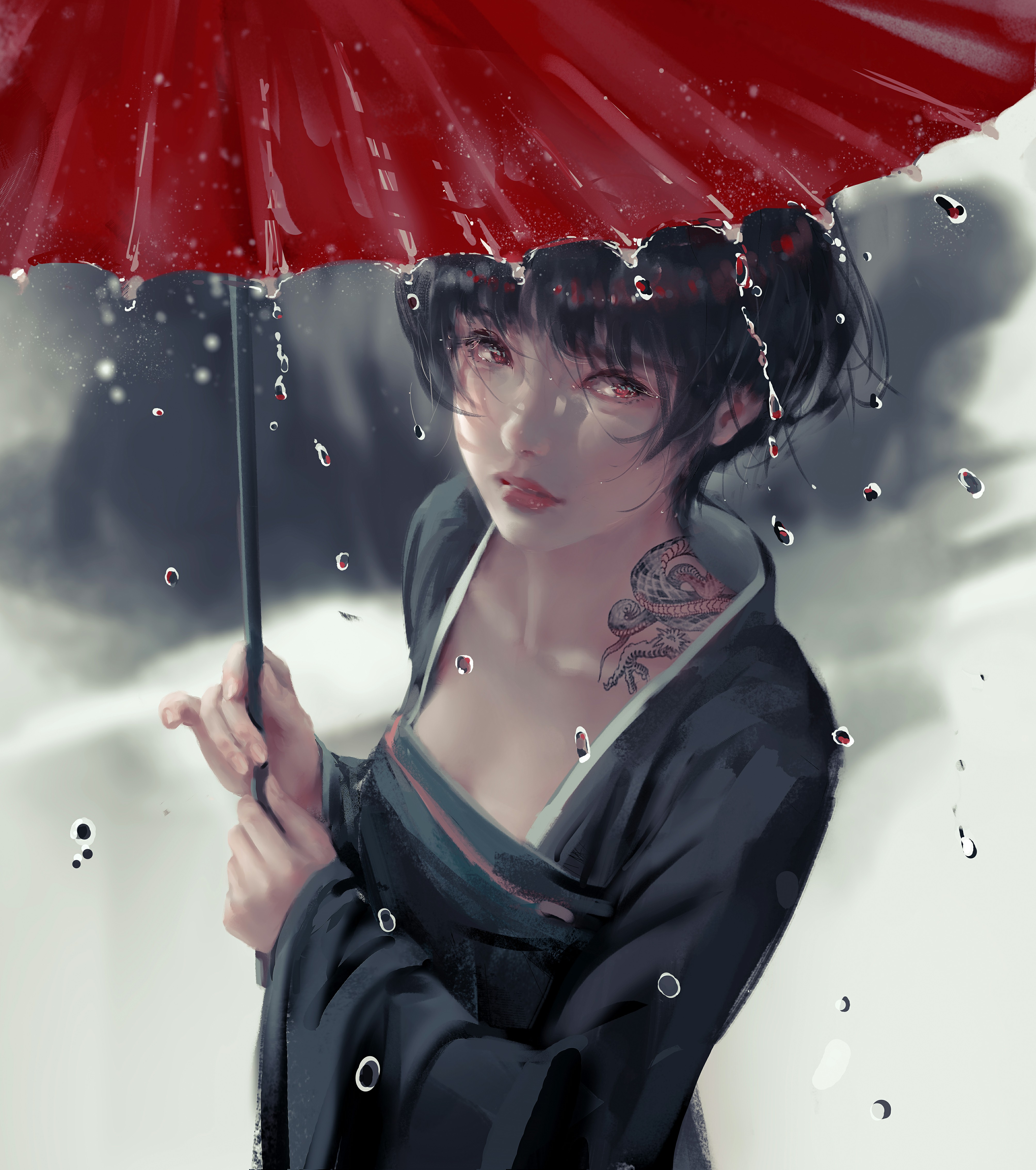 Anime 4015x4532 WLOP digital art fantasy girl rain cleavage tattoo Ghostblade Jade (GhostBlade)