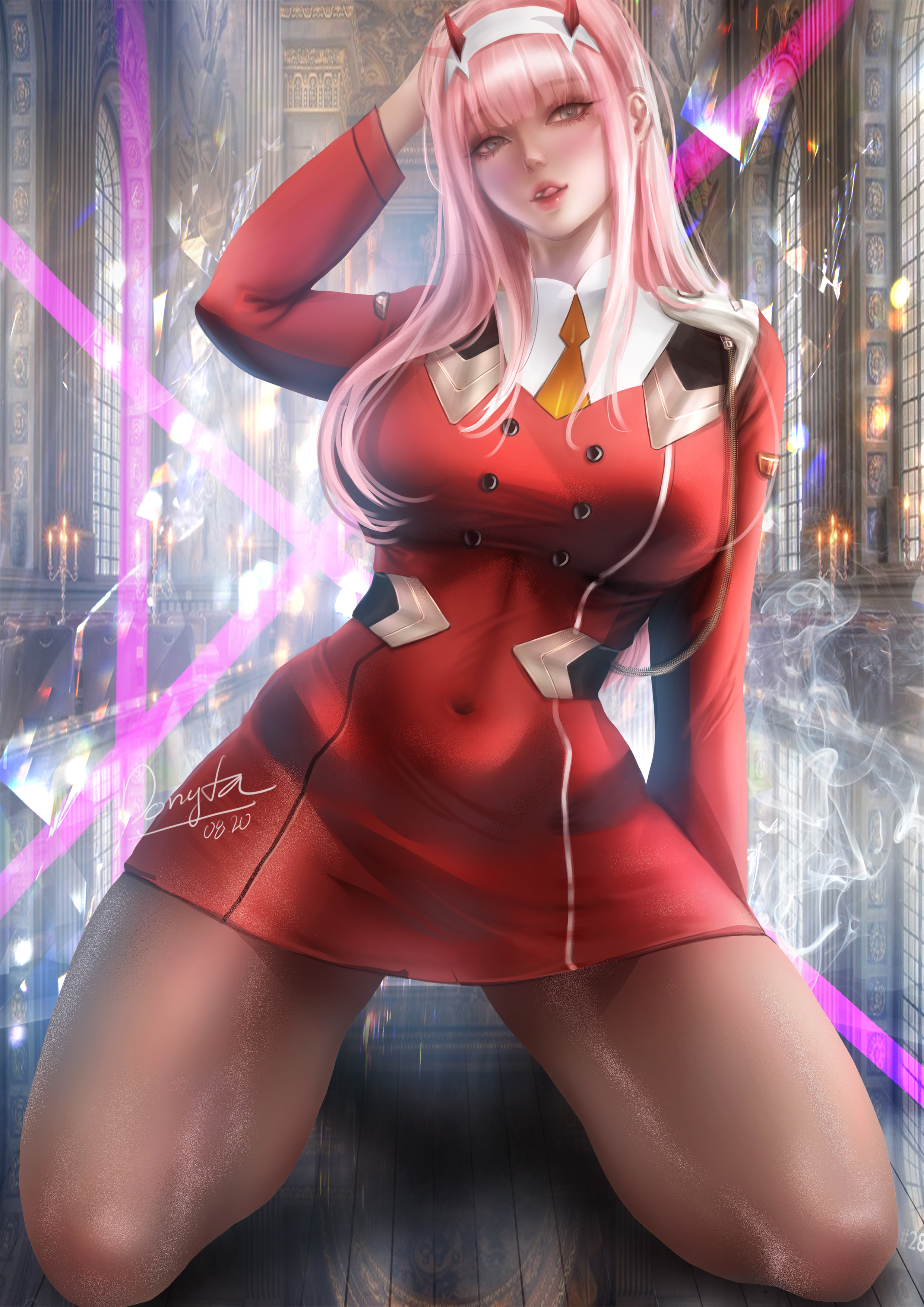 Anime 2480x3508 Zero Two (Darling in the FranXX) Darling in the FranXX anime anime girls fantasy girl horns pink hair curvy thick thigh kneeling blushing licking lips 2D artwork drawing fan art Donyta pantyhose