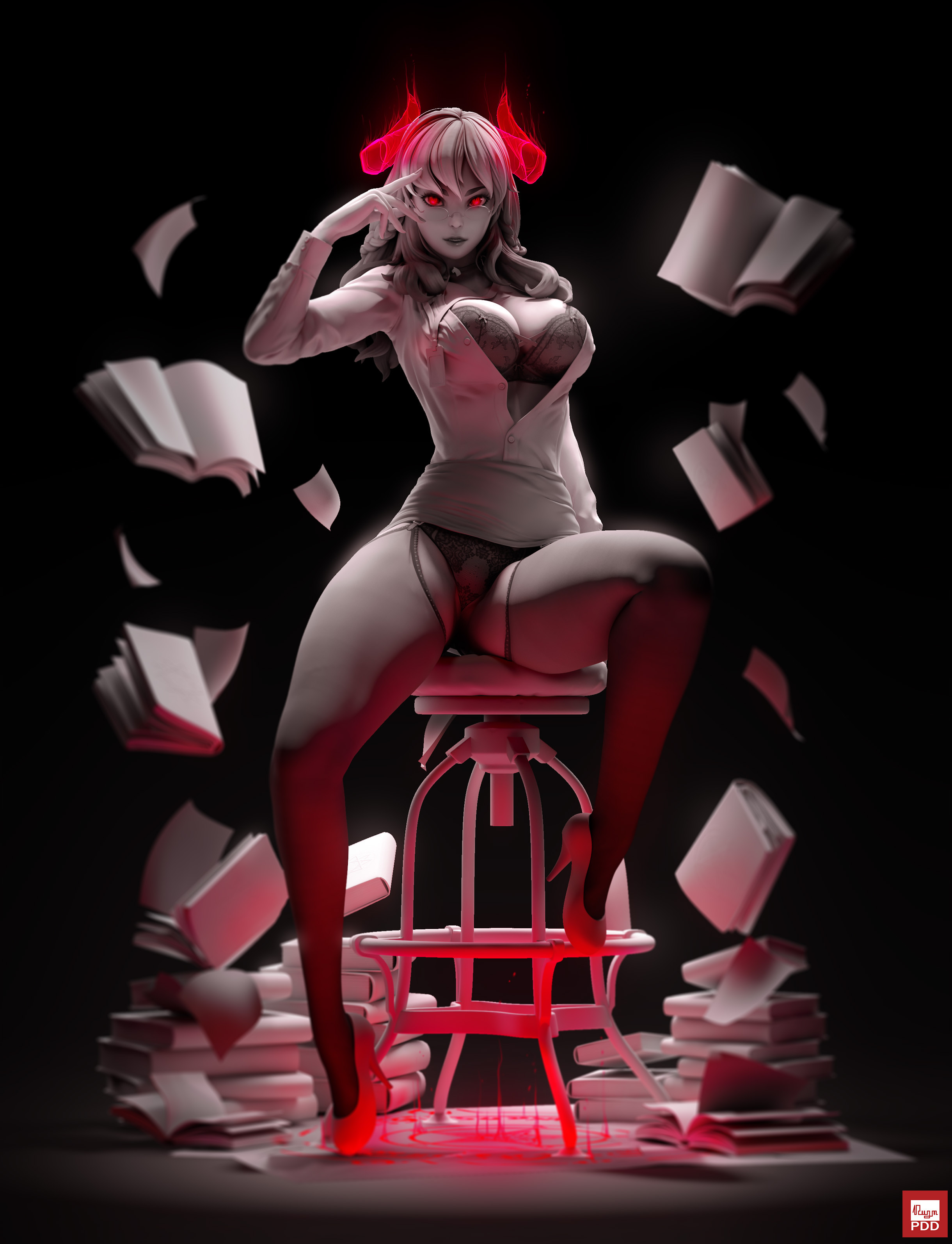 General 2440x3187 Dzung Phung Dinh pages sitting legs horns portrait display red eyes cleavage glowing eyes succubus frontal view CGI books glasses parted lips ArtStation spread legs lip slip open clothes upskirt