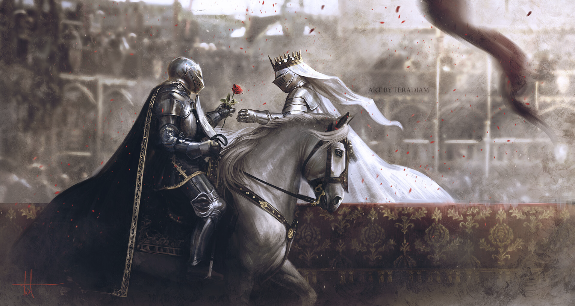 General 1920x1023 artwork fantasy art knight armor rose horse romance