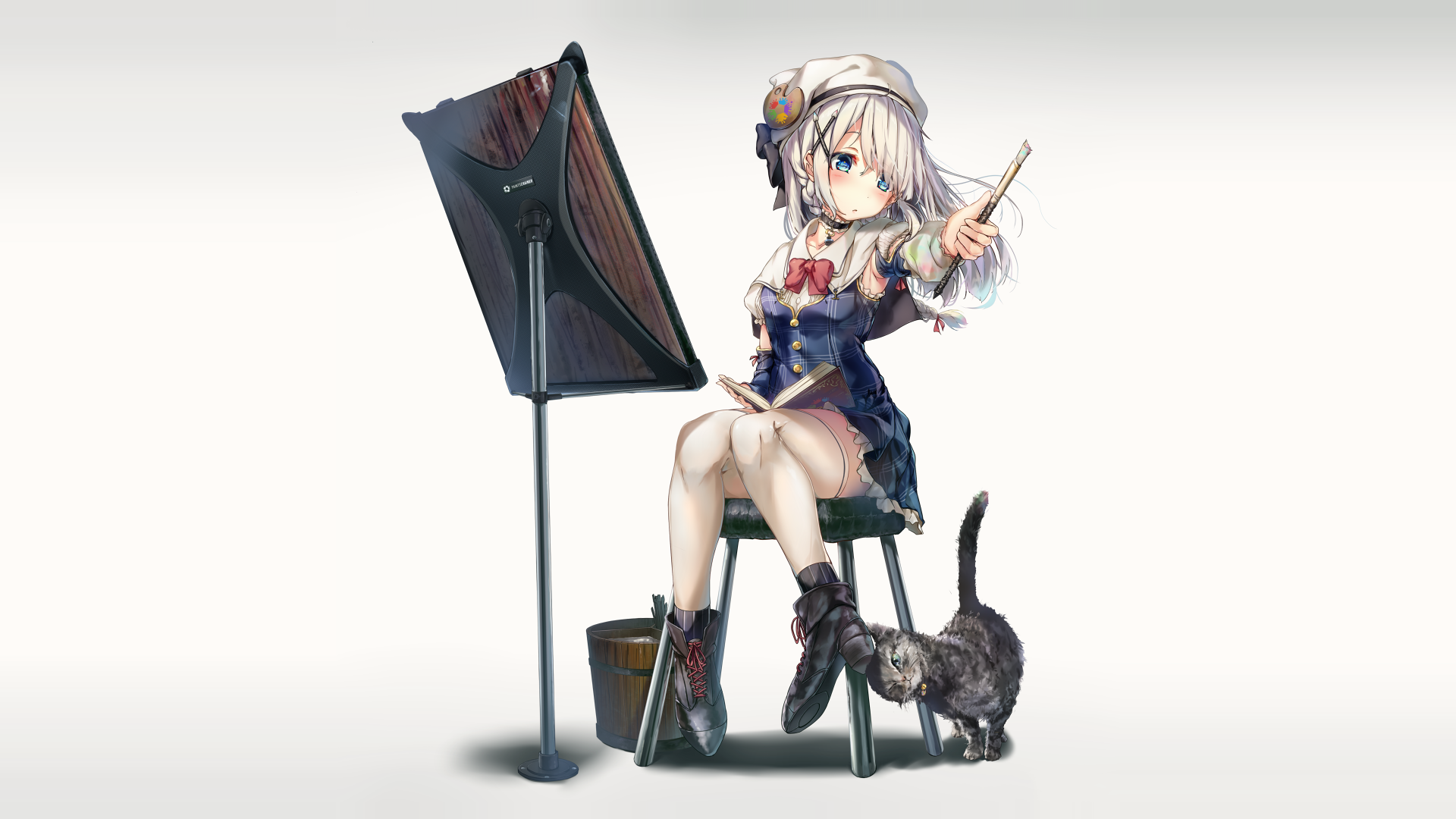 Anime 1920x1080 anime anime girls cats original characters simple background animals mammals paint brushes sitting chair school uniform silver hair blue eyes artwork Wingheart