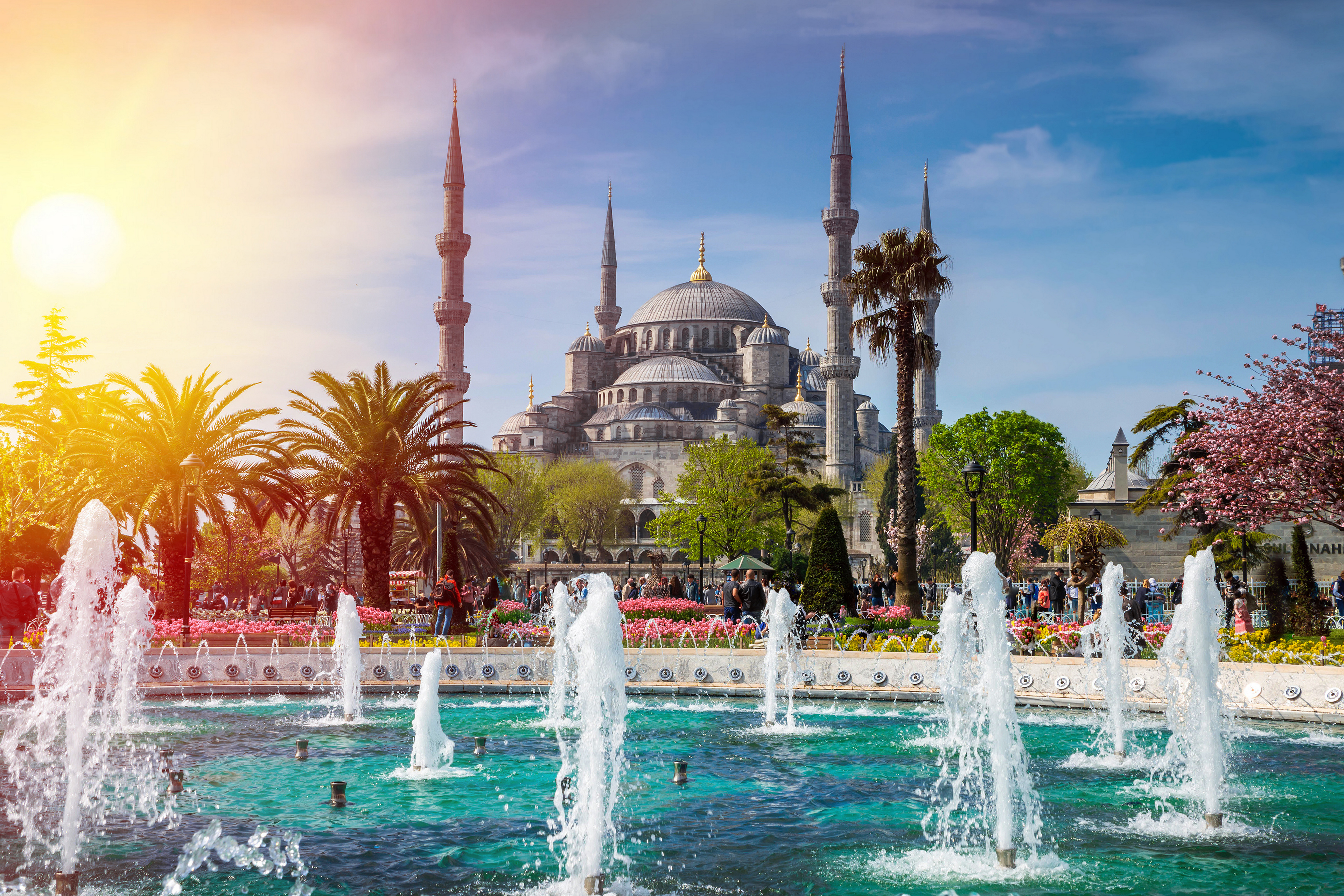 General 3840x2560 Istanbul Turkey Blue Mosque city garden sky sunlight mosque fountain palm trees Maka Albarn Dubai