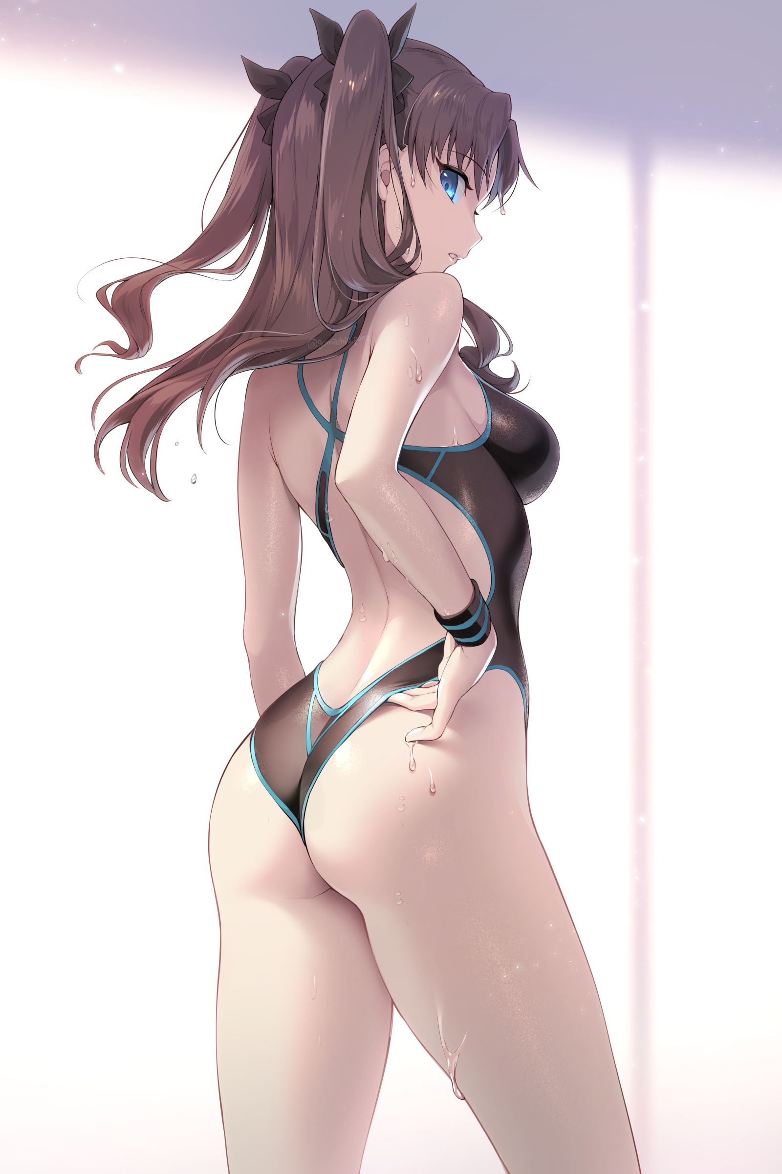 Anime 1600x2400 anime anime girls Tohsaka Rin Fate/Stay Night one-piece swimsuit wet body digital art brunette blue eyes ass Fate series artwork Gomashio Ponz looking at the side looking at viewer