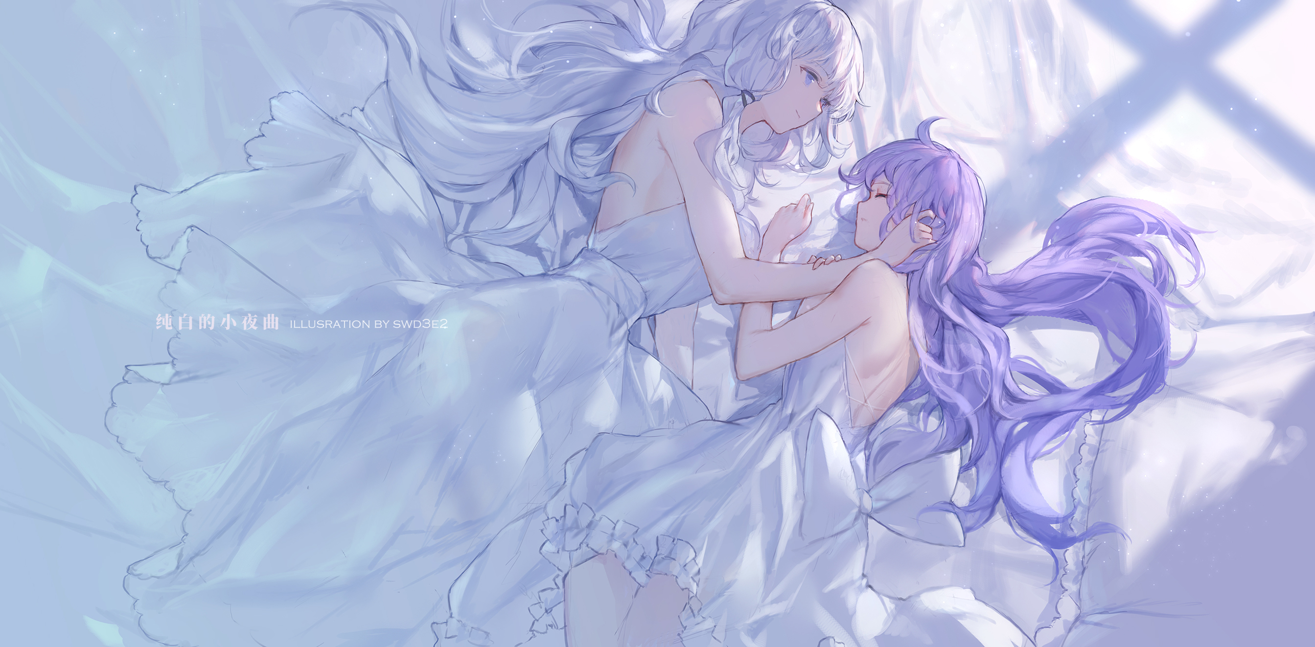 Anime 2687x1323 anime anime girls Swd3e2 artwork Illustrious (Azur Lane) Unicorn (Azur Lane) Azur Lane in bed dress long hair silver hair purple hair