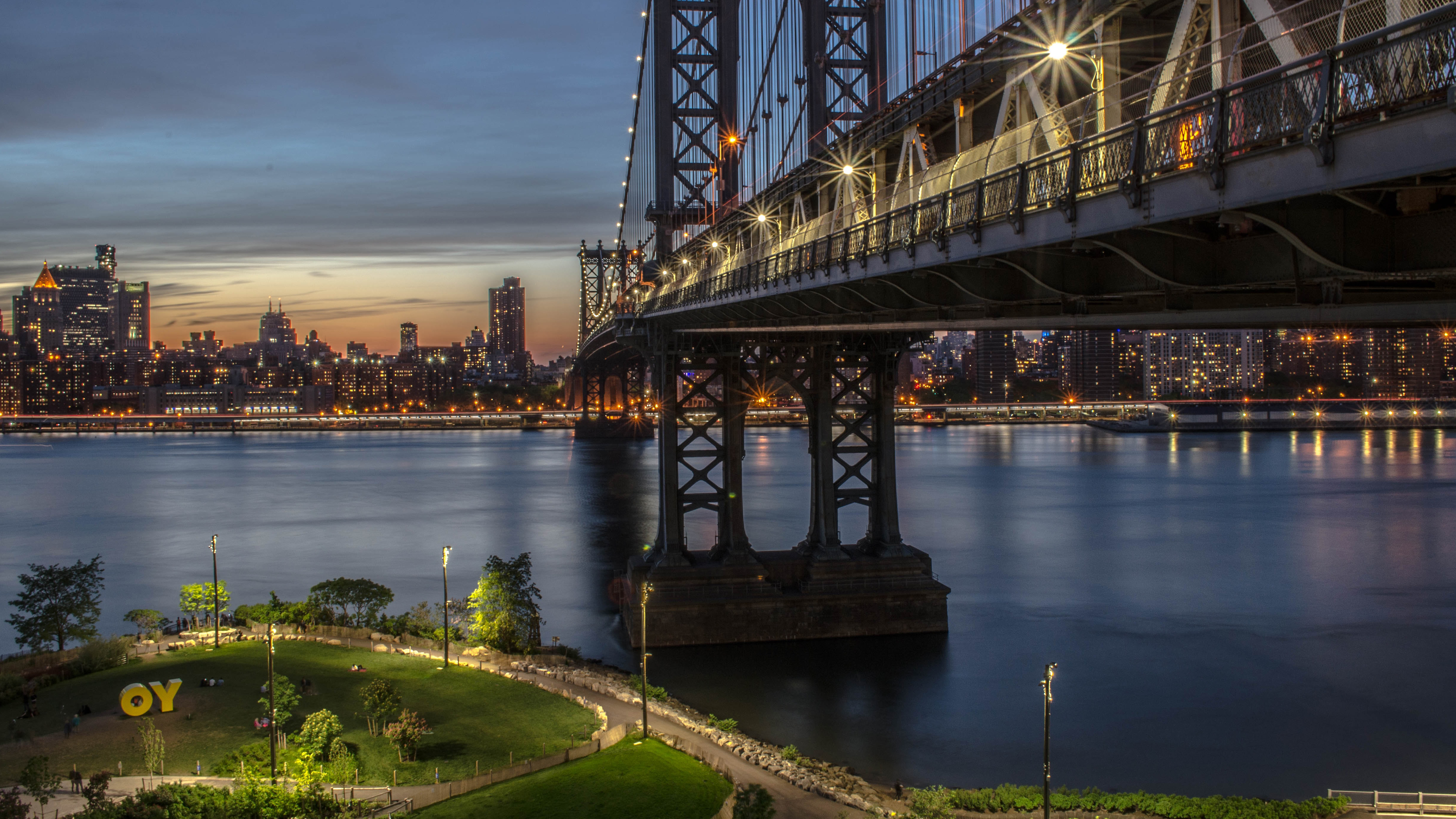 General 3840x2160 Manhattan Bridge Brooklyn Bridge Park Brooklyn New York City East River sunset architecture
