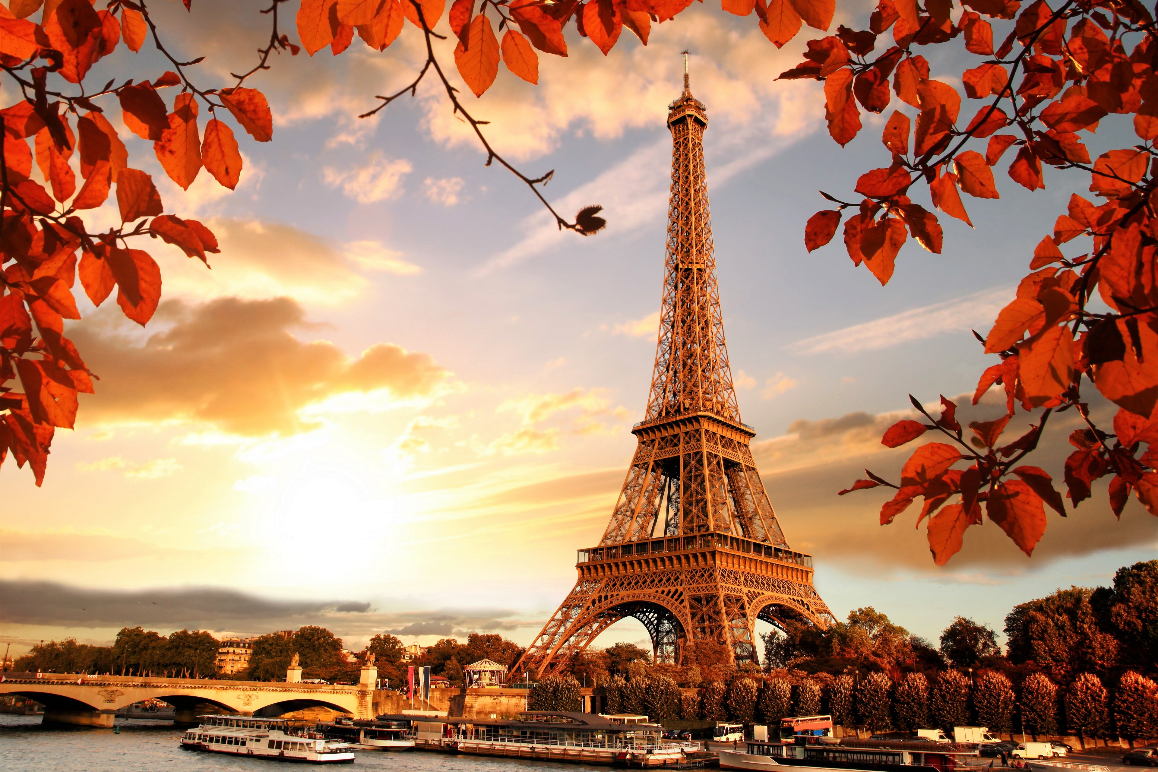 General 3840x2560 Paris Eiffel Tower sunlight sky clouds city leaves fall France bridge landmark