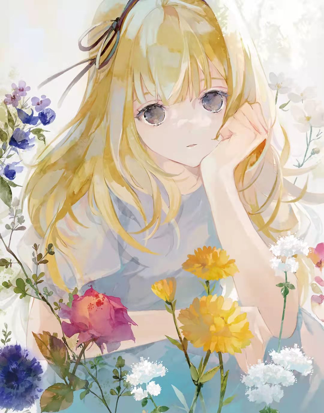 Anime 1080x1379 anime anime girls Niwa Haruki artwork blonde dark eyes flowers