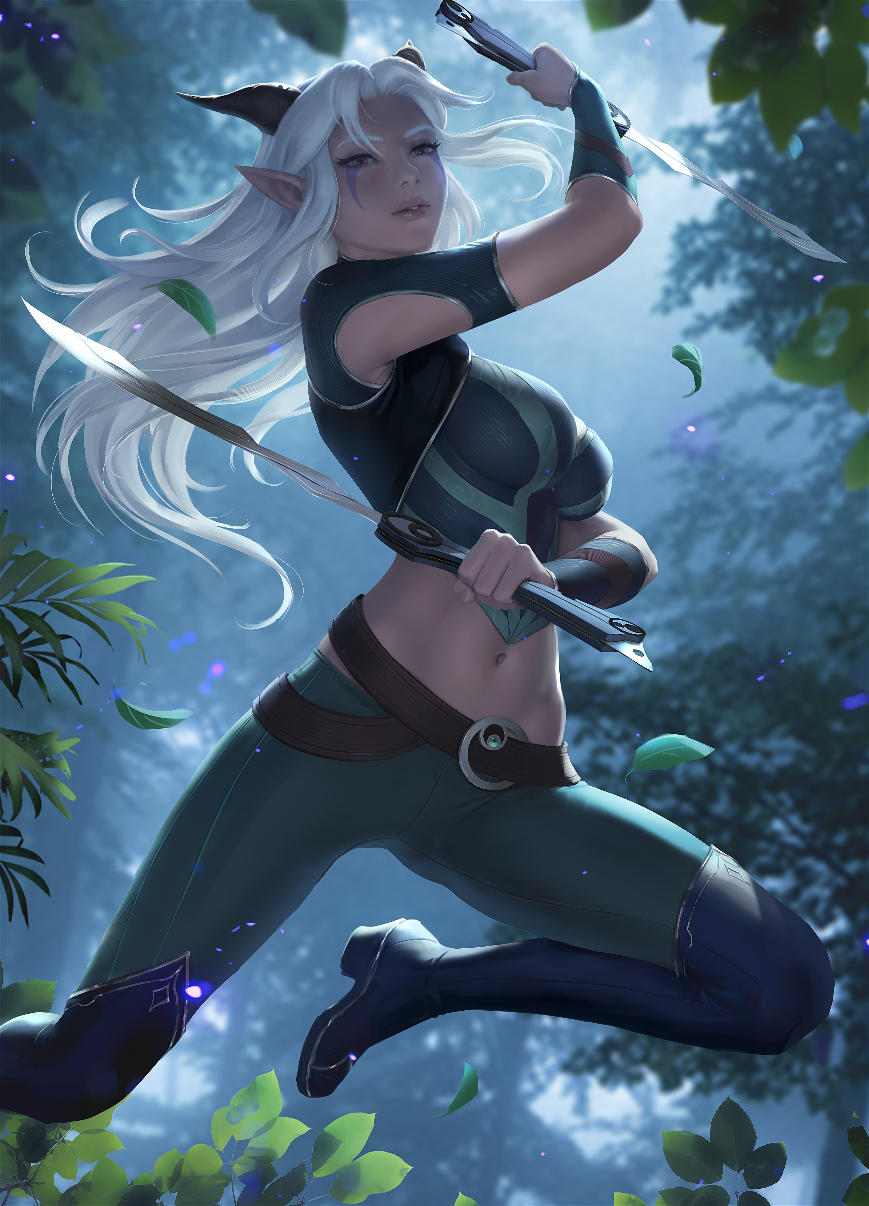 General 2883x4000 Rayla  The Dragon Prince fantasy girl horns pointy ears white hair sword crop top knee-high boots forest drawing fan art Zarory belly button cartoon portrait display digital art