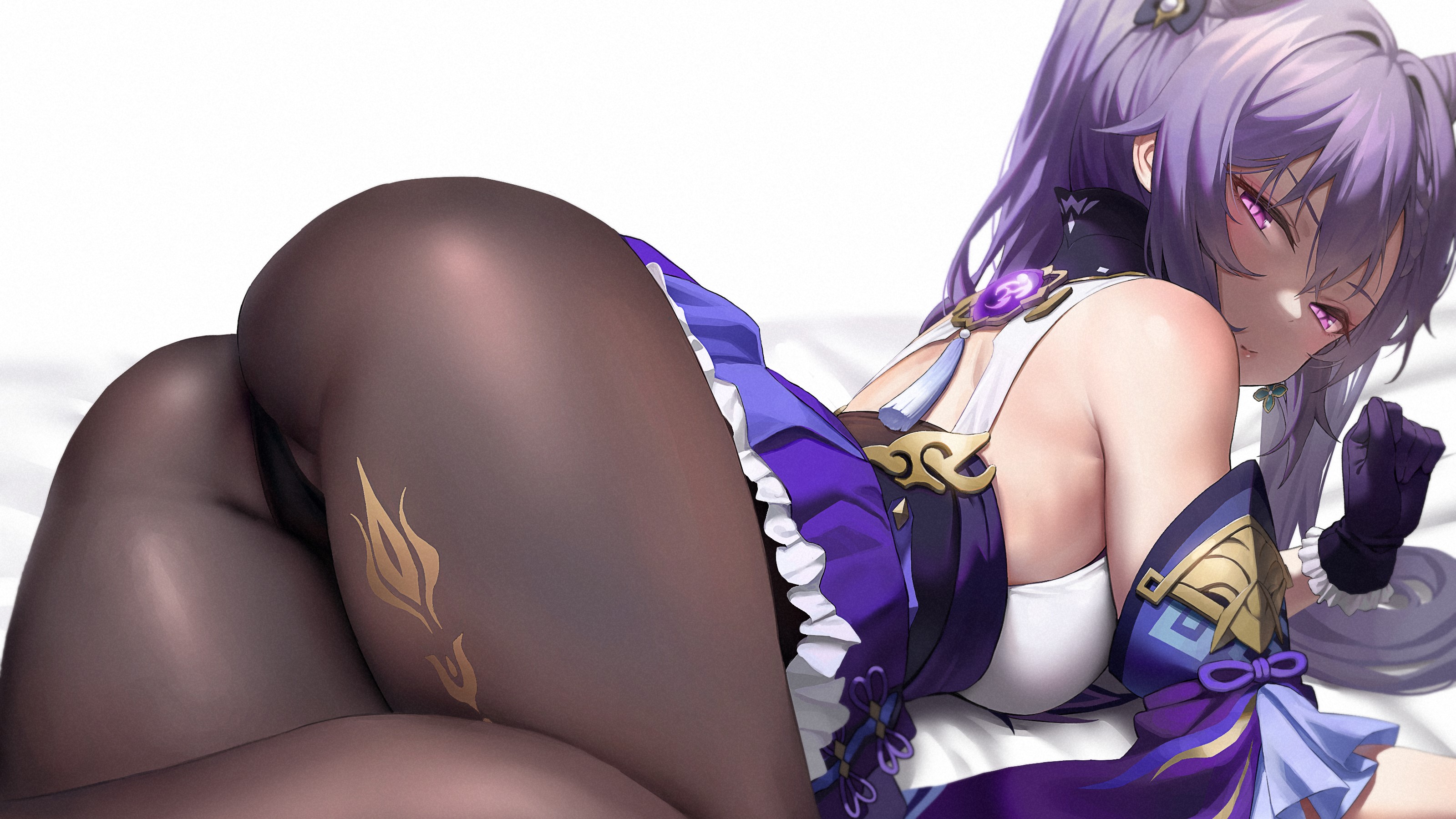 Anime 3199x1800 Mochirong Keqing (Genshin Impact) Genshin Impact anime anime girls curvy video game girls simple background looking back arched back lying on front bent over bottom up twintails long hair dress ass upskirt skirt panties tight clothing stockings black stockings thighs thick thigh