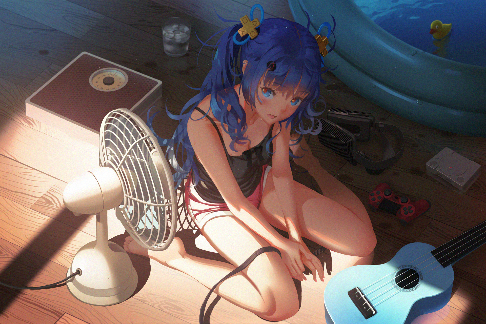 Anime 1920x1280 blue eyes blue hair anime anime girls guitar fans short shorts kneeling artwork vofan