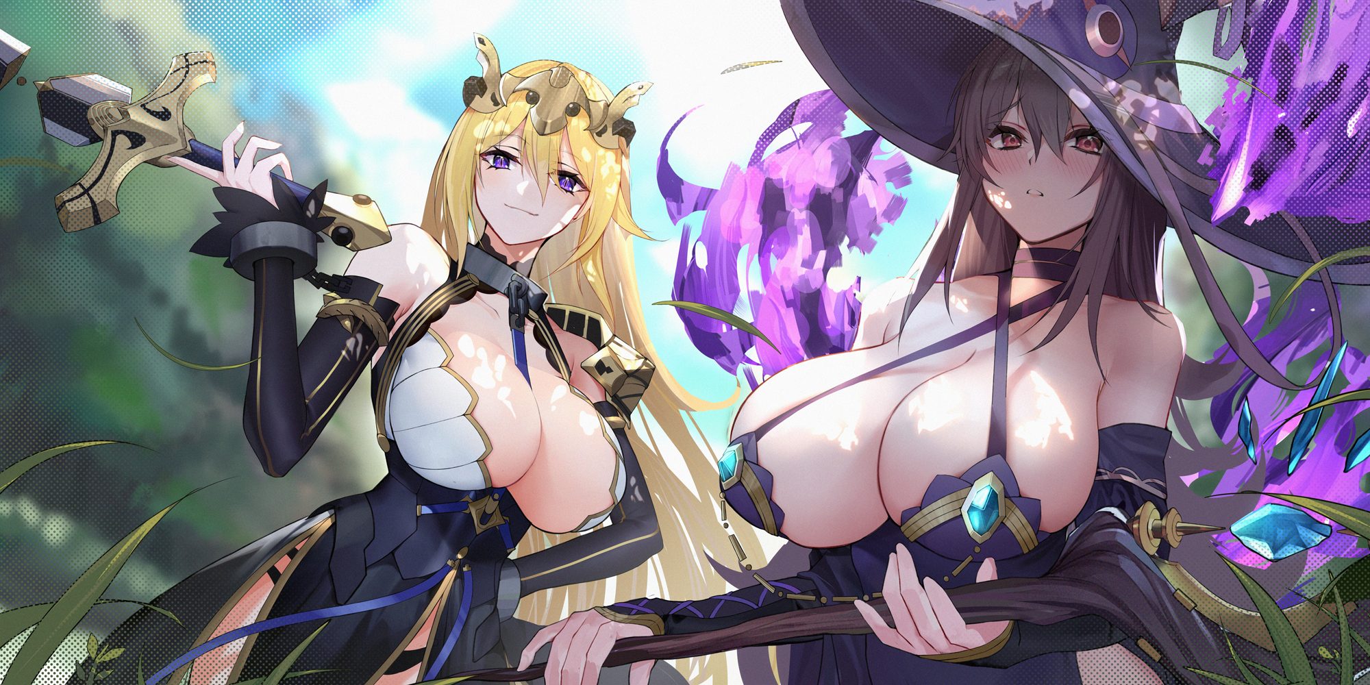 Anime 2000x1000 anime anime girls big boobs cleavage dress witch hat blonde brunette Red: Pride of Eden artwork Xiujia Yihuizi