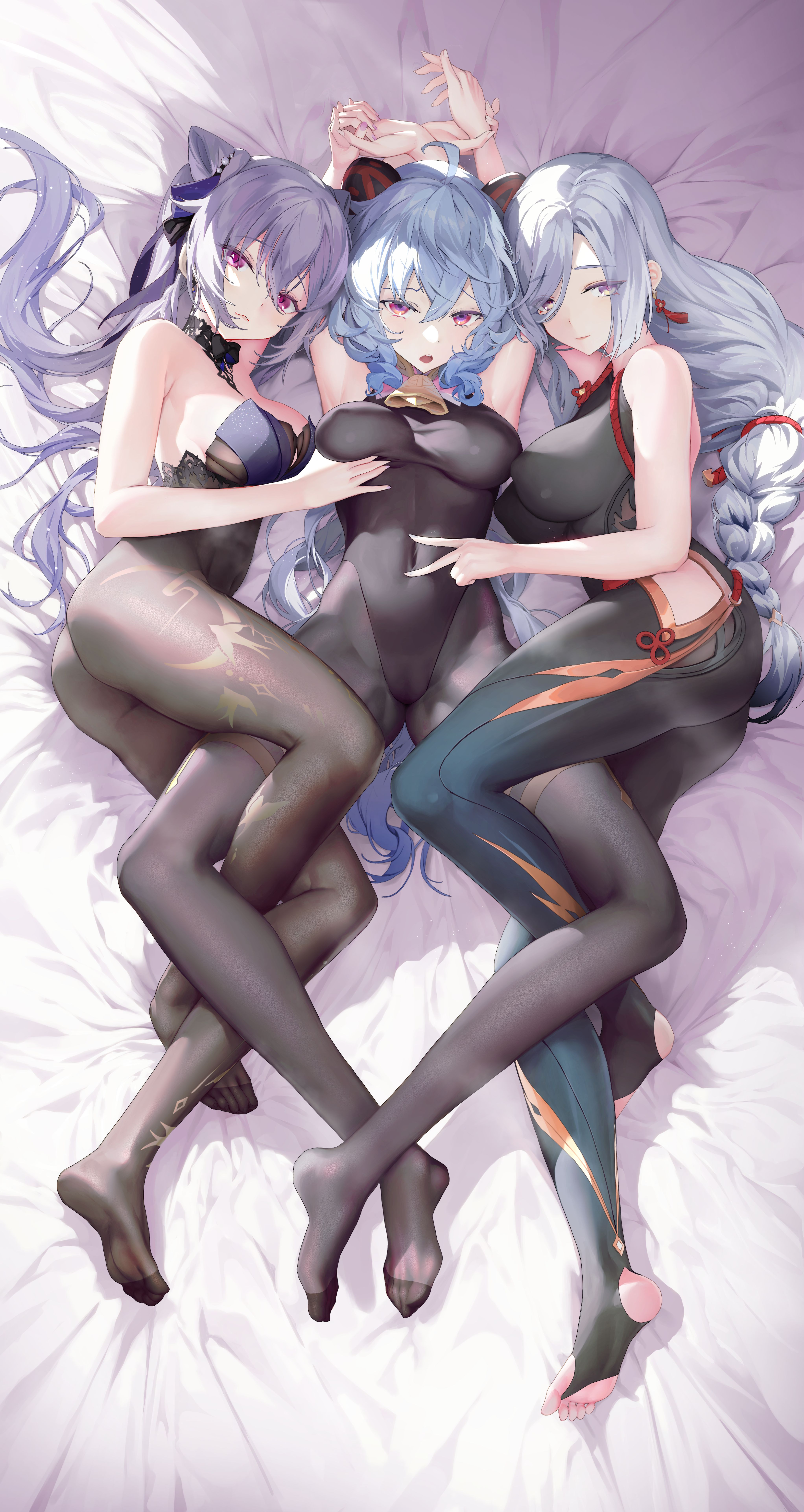 Anime 4088x7691 anime girls Shenhe (Genshin Impact) Ganyu (Genshin Impact) Keqing (Genshin Impact) Genshin Impact artwork portrait display bodysuit spread legs suggestive holding boobs long hair lying down lying on back lying on side arms up armpits looking at viewer bare shoulders ass