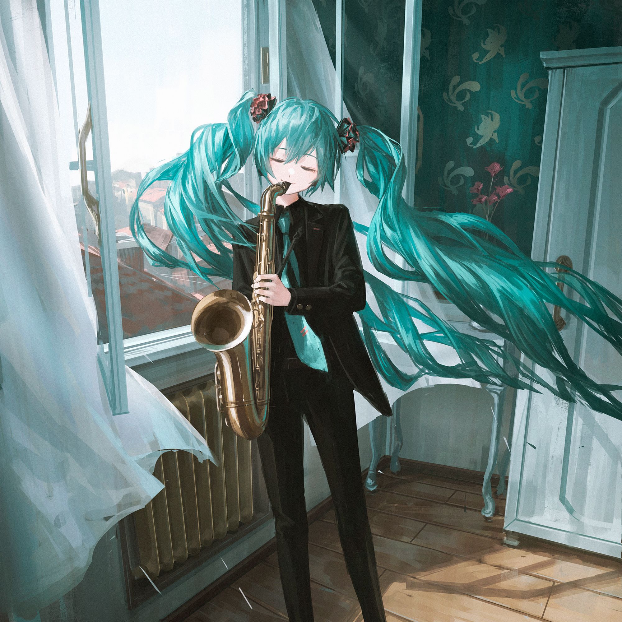Anime 2000x2000 anime anime girls Hatsune Miku Vocaloid Reoen artwork cyan hair twintails saxophones suits