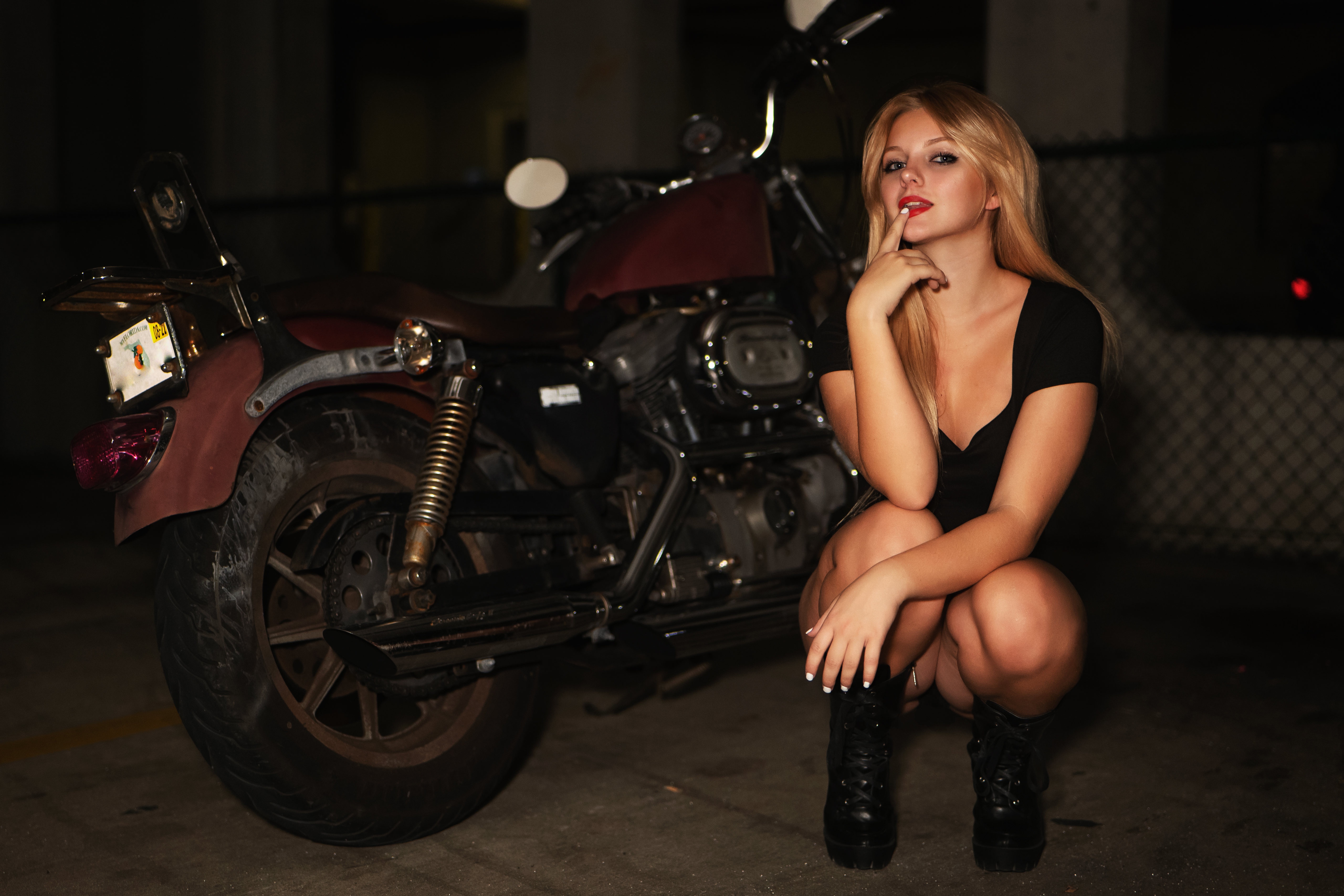 People 5120x3414 women model motorcycle women with motorcycles squatting Red Motorcycles blonde red lipstick vehicle long hair looking at viewer
