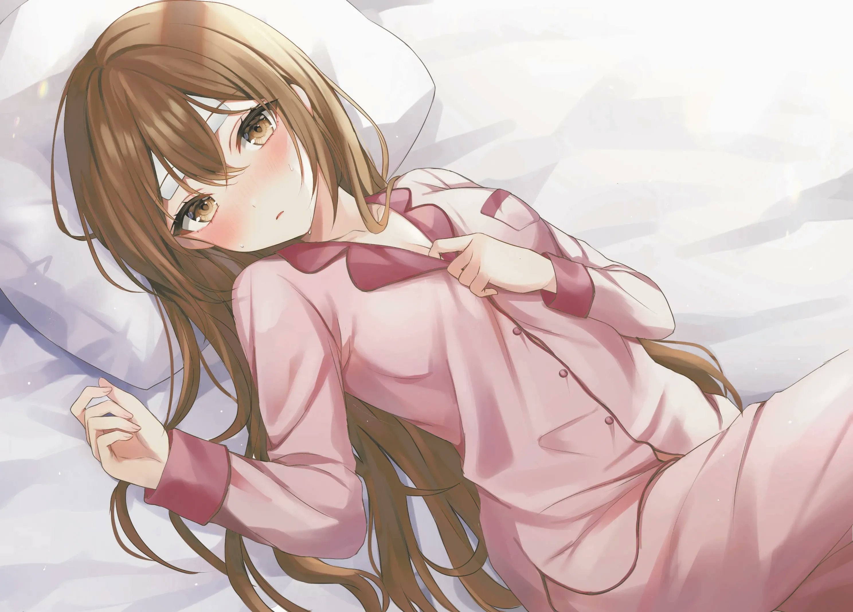 Anime 2976x2136 anime anime girls pyjamas in bed blushing brown eyes brunette long hair Horimiya