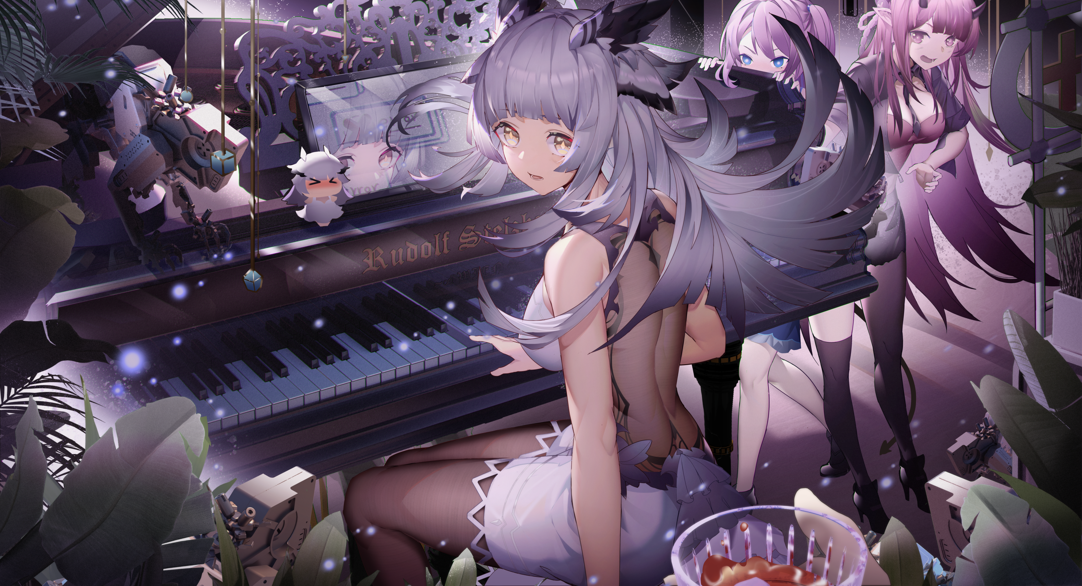 Anime 3500x1895 anime anime girls musical instrument piano sitting long hair women trio Arknights Blue Poison(Arknights) Ptilopsis(Arknights)
