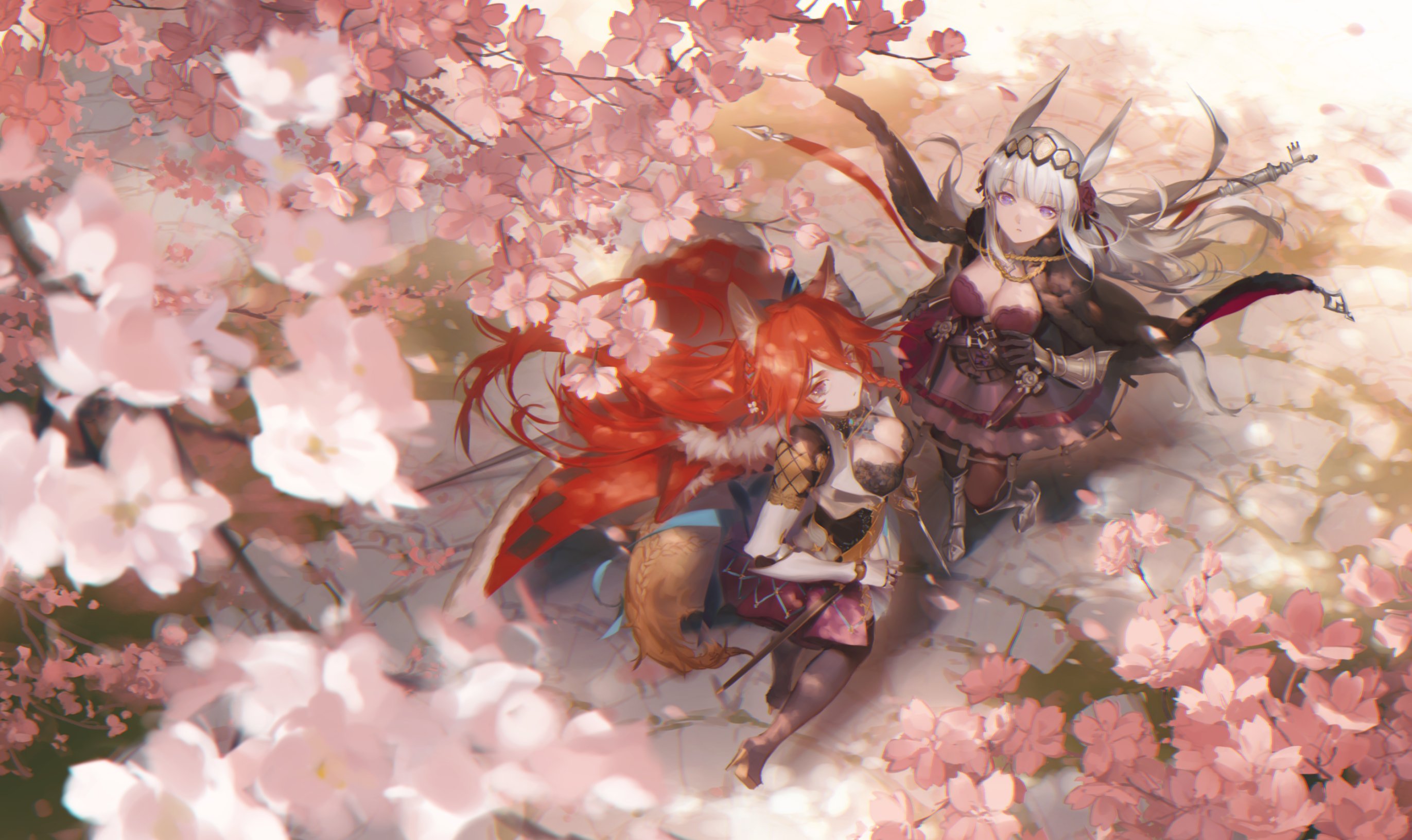 Anime 2743x1633 anime anime girls Recneps-SAIS artwork Red: Pride of Eden cherry blossom animal ears cleavage